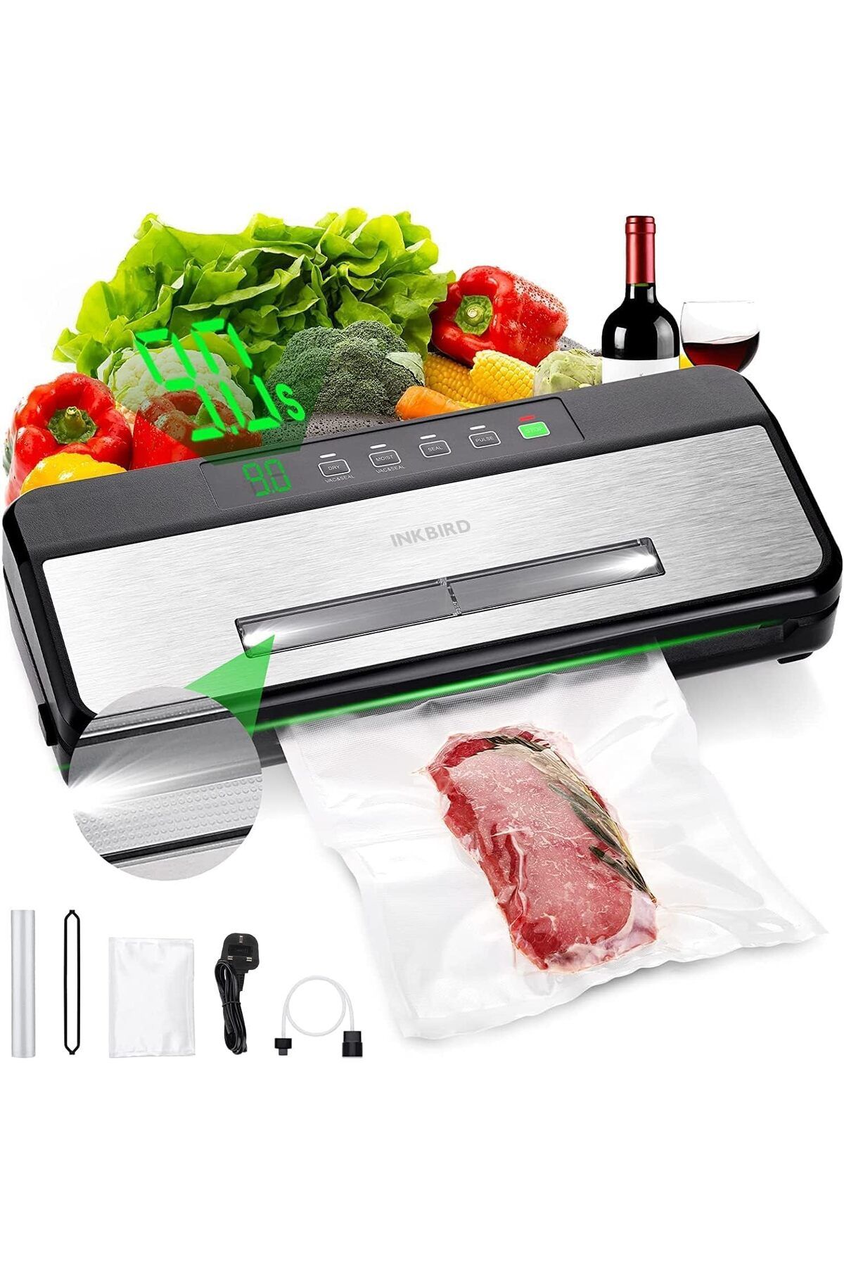VARSTHREE INKBIRD INK-VS03 Gıda Vakum Paketleme Makinesi, 80KPA, 100 ADET POŞET HEDİYELİ