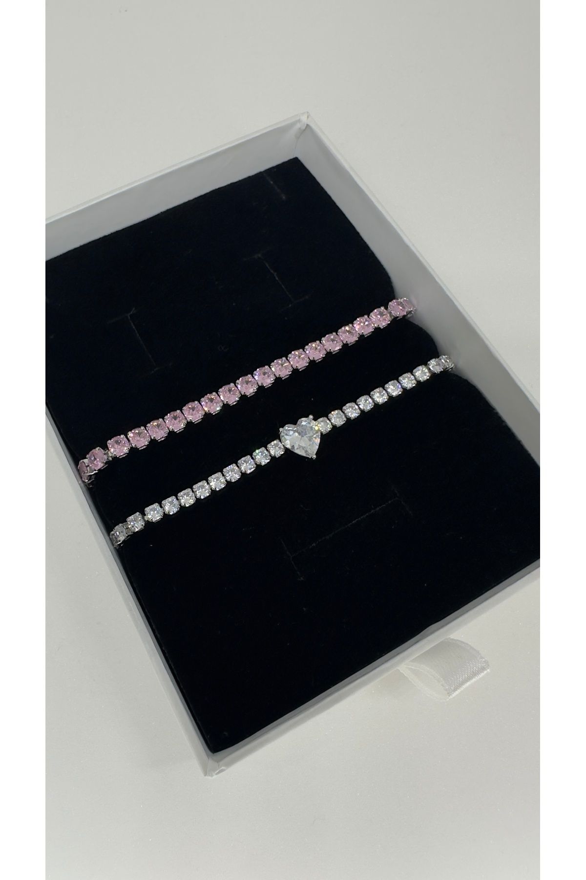 GLARE JEWELRY Kalp Model-Pembe Suyolu Çelik Bileklik Set Takım 15+3 cm