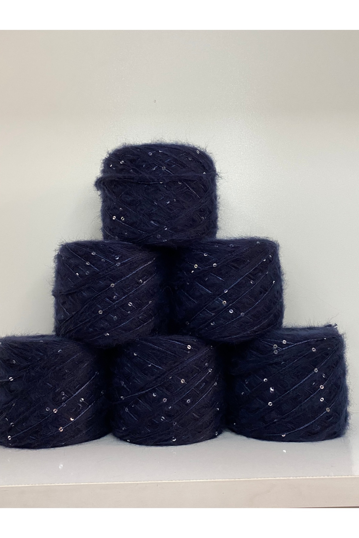 Knitting Yarn Moher Acrylic Navy Blue Black Silver Sequin Visual Net 600gr
