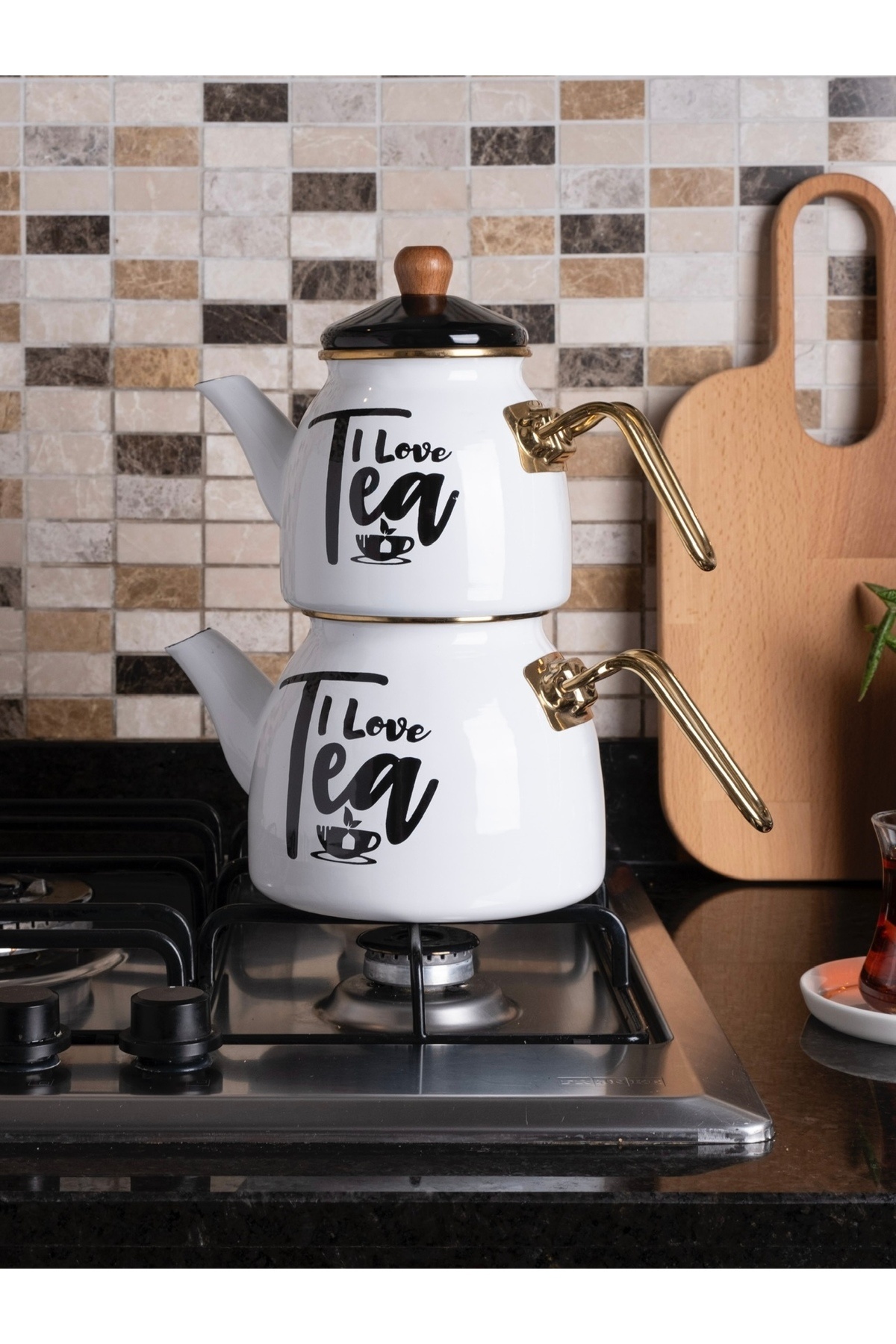 Pembelia Life Emaye Çaydanlık Takımı Emaye Tea Yazılı Çaydanlık Seti Beyaz