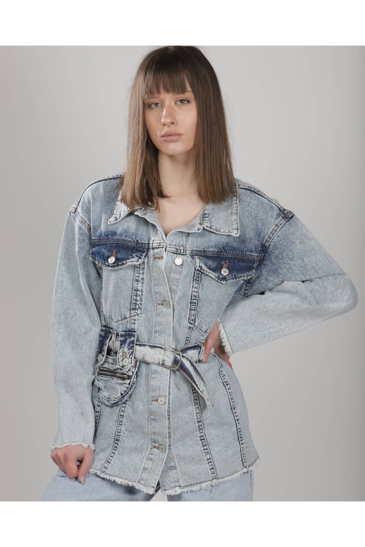 LUNİCA COLLECTİON-Women's Bag Pocket Belted Denim Jacket 2