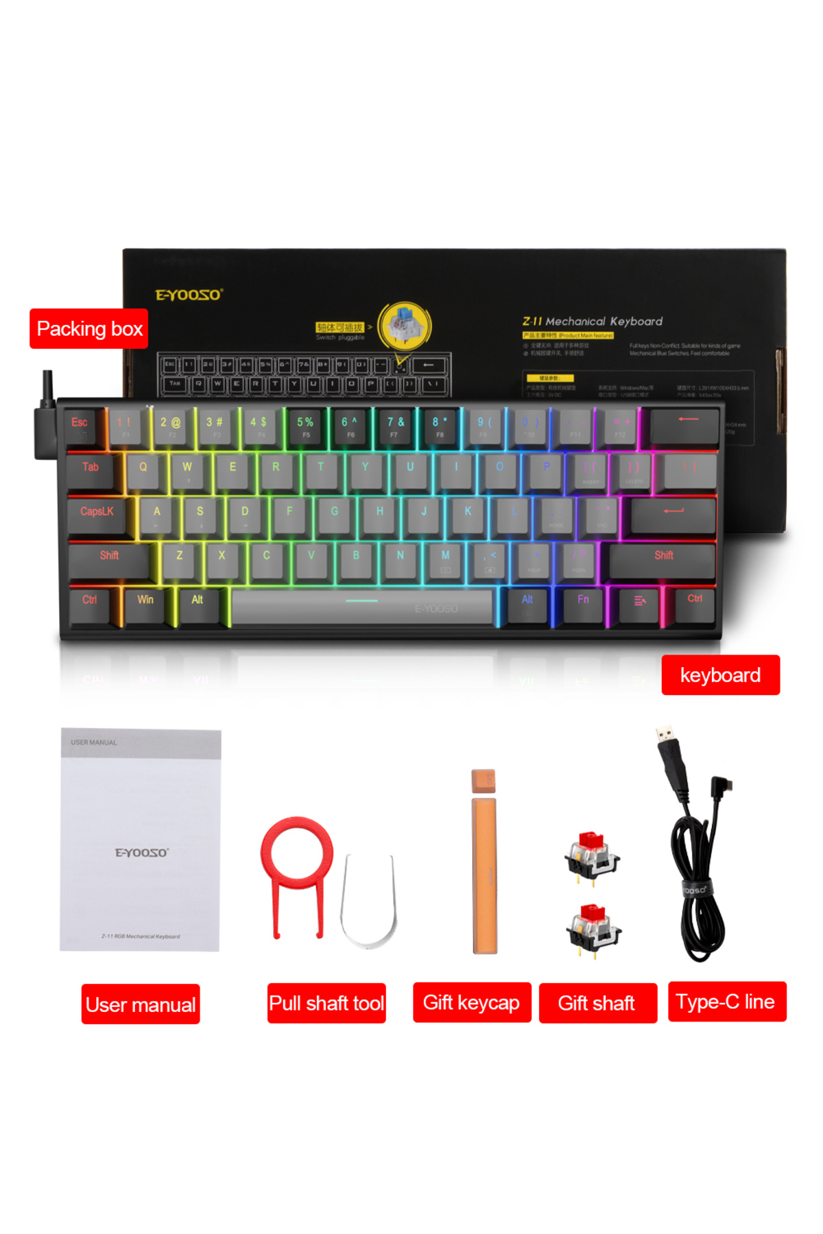 Choice-E-YOOSO Z11 RGB USB 60% Mini Mechanical Gaming Keyboard Blue Red Switch 61 Keys Wired detachable ... 7