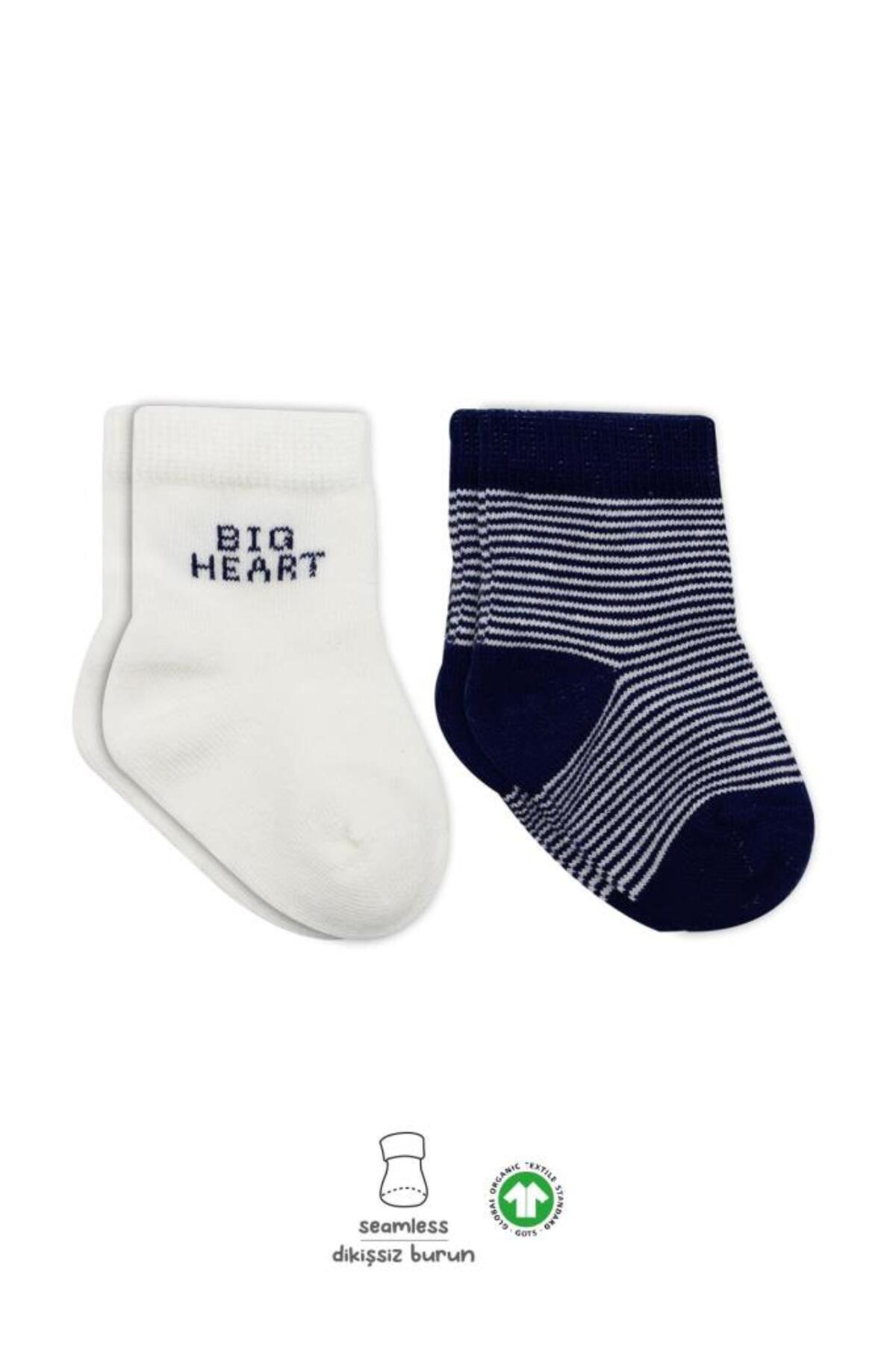 جوراب‌های پنبه‌ای بافته‌شده دو رنگ آبی سرمه‌ای با طرح قلب بزرگ، بسته ۲ عددی Bs10117