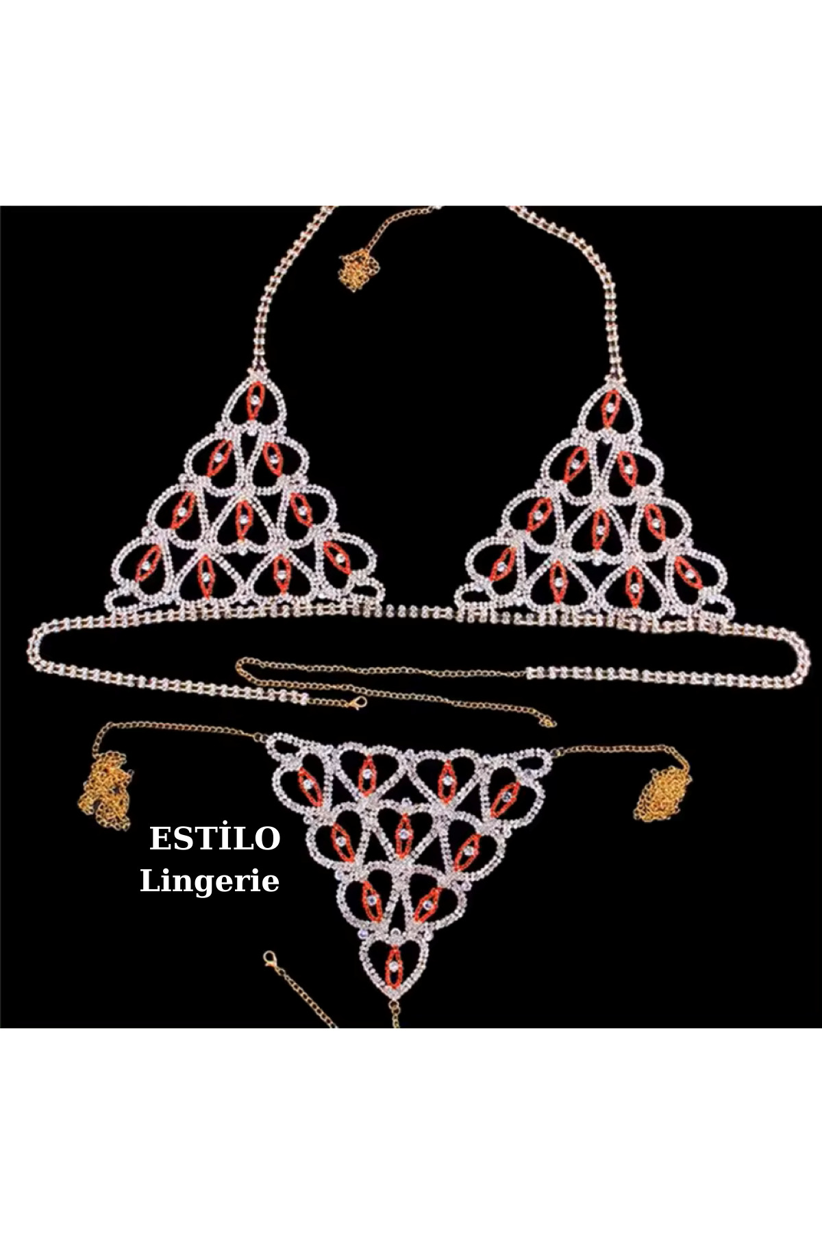 Taşlı Luxury Su Yolu Vücut Takısı, Taşlı Bikini, Taşlı Sütyen Külot, Fantezi Iç Çamaşır Takımı