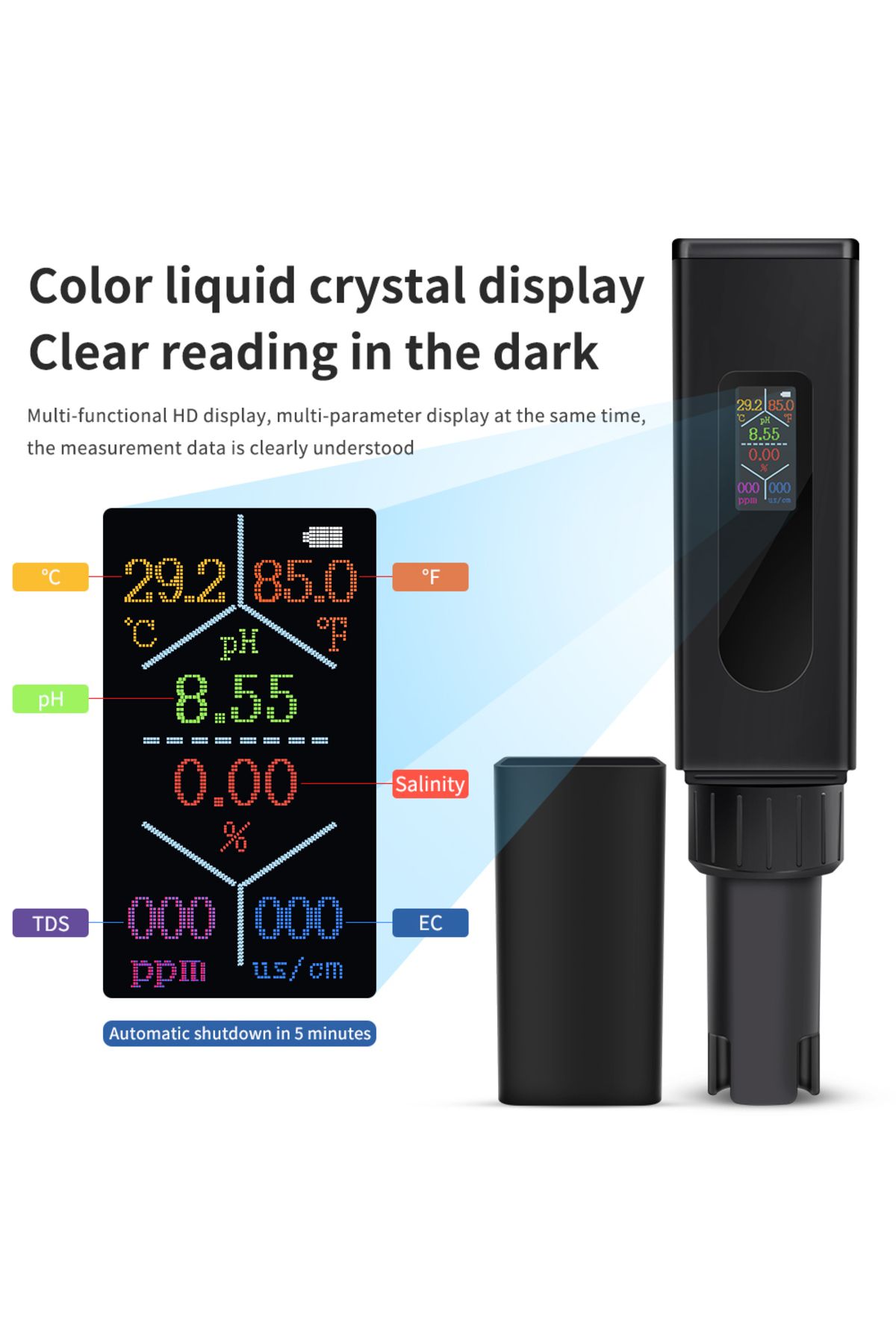 JUANJUAN-5 in 1 Water Quality Tester Digital PH EC TDS Salinity TEMP Meter TypeC Rechargeable Detector for... 4