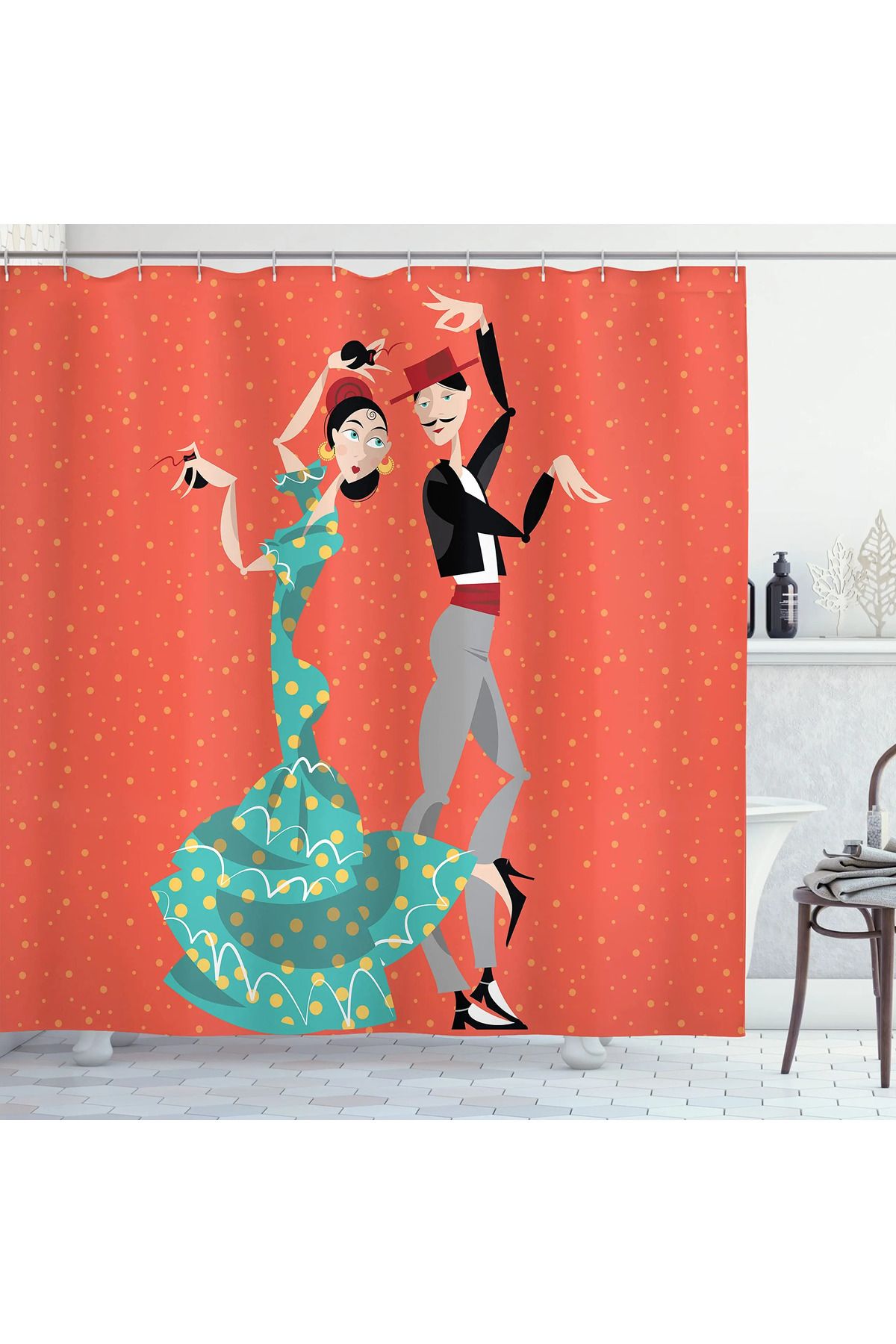 Choice-Spanish Shower Curtain,Flamenco Dancers Couple Performing In Historical Folk Dress Latino Traditi... 2