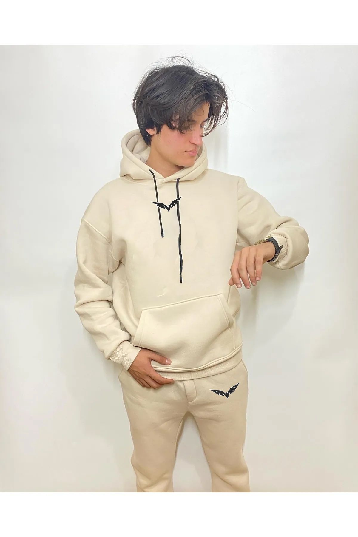 LUNAVISTA-Wing Eagle Front Top Bottom Printed Ecru Hoodie Sweatshirt and Ecru Sweatpants Oversize 3