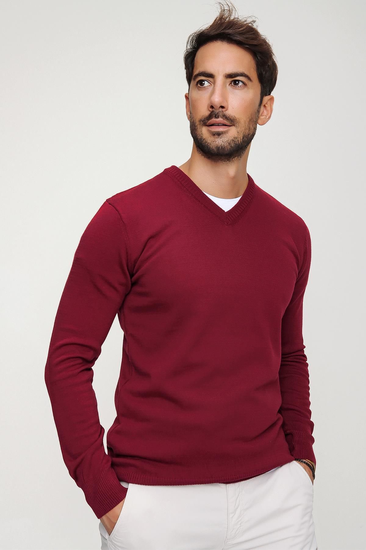 CHUBA-Men's Claret Red V-Neck Knitwear Sweater 20w151 3