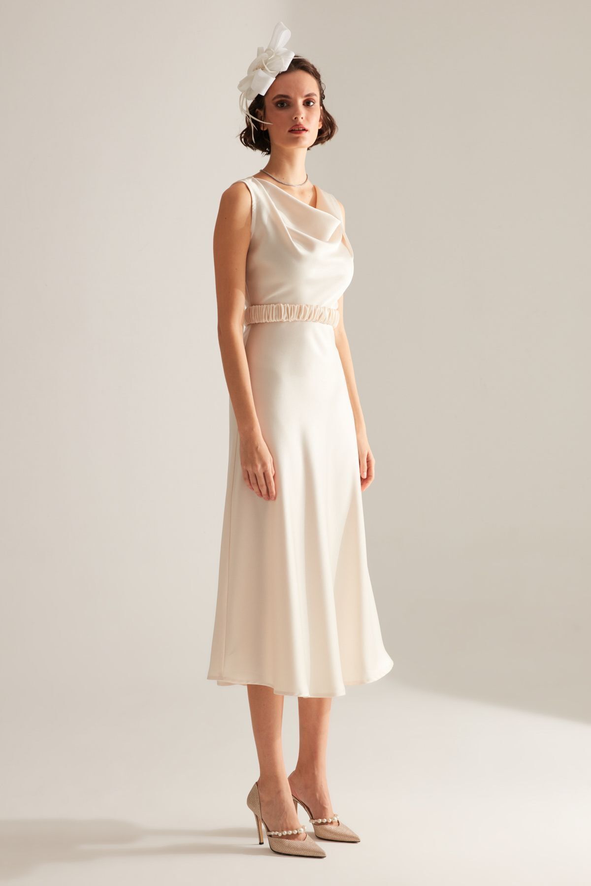 BETTY & SAM-Marina Sleeveless Scoop Neck Flared Skirt Ecru Engagement Dress 2