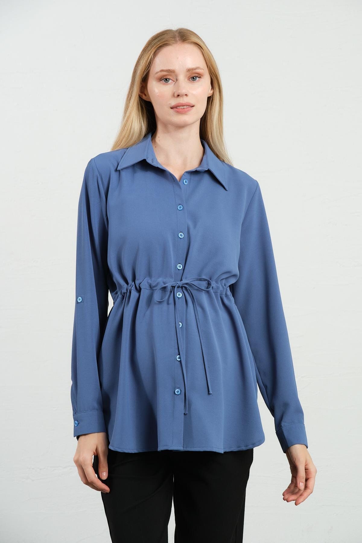 BUSA-Indigo Long Sleeve Maternity Shirt - Waist Lace-Up 4