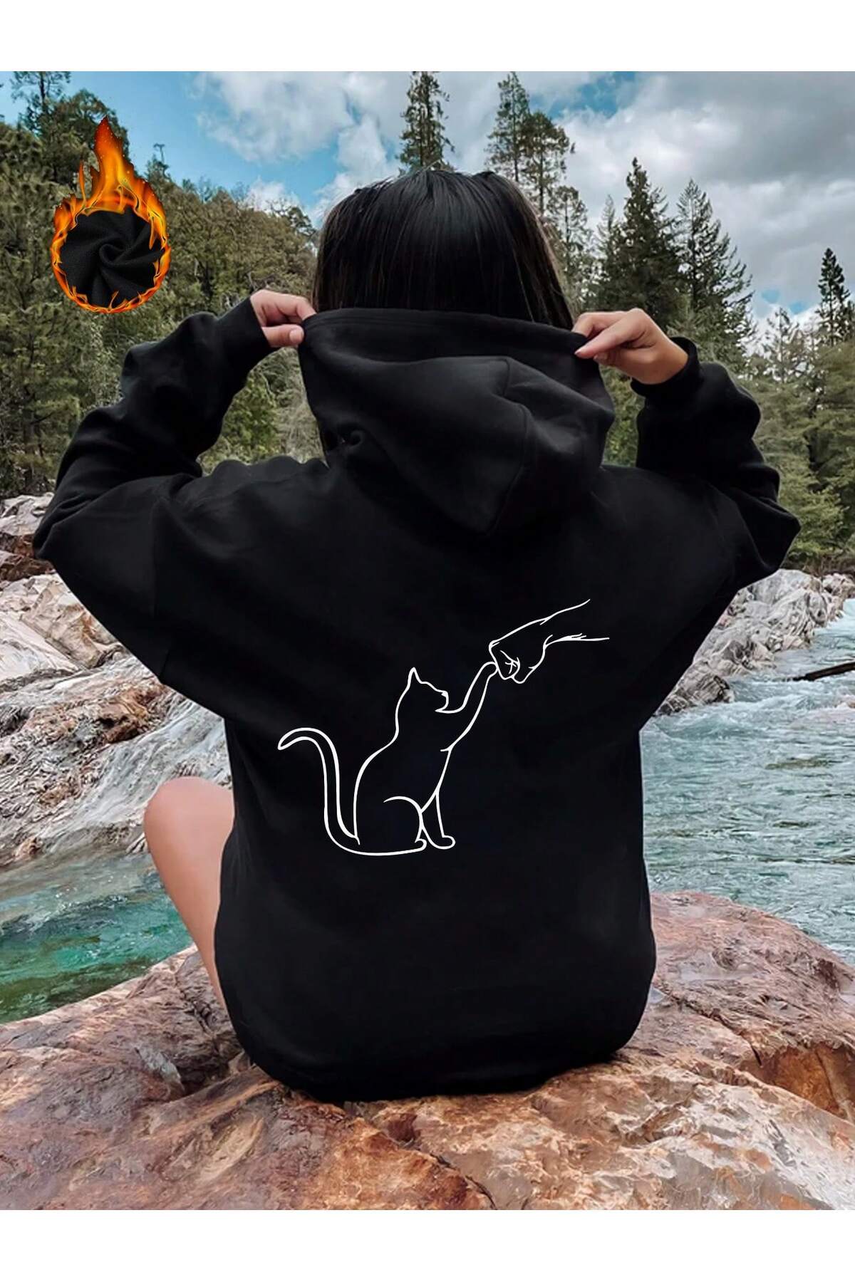 Pink Sky Kedi Dostu Baskılı Kapüşonlu Unisex Oversize Sweatshirt
