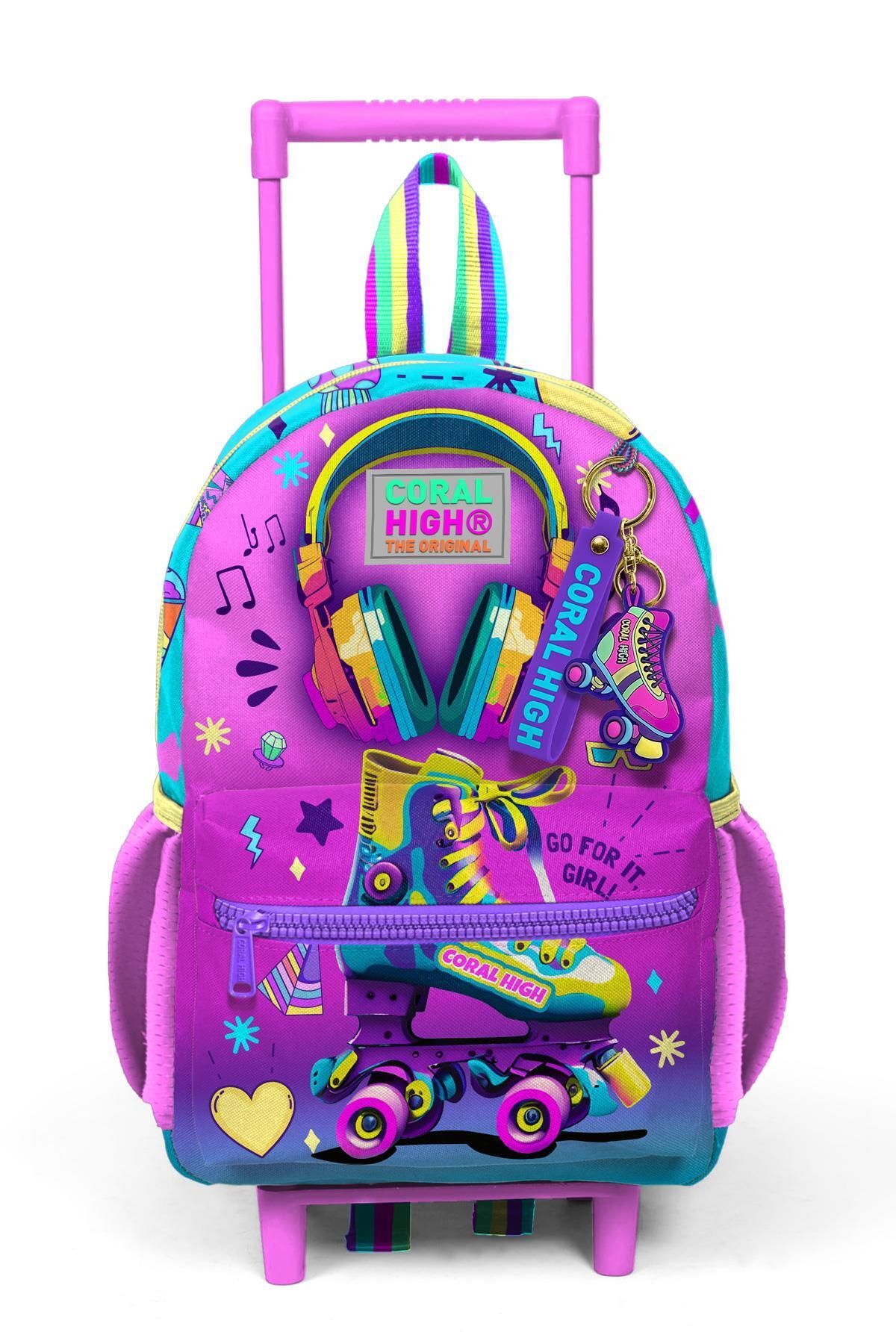 Coral High-Pink Turquoise Tiny Nest Backpack - Squeegee and Skate Pattern, Two Compartments 24054 7
