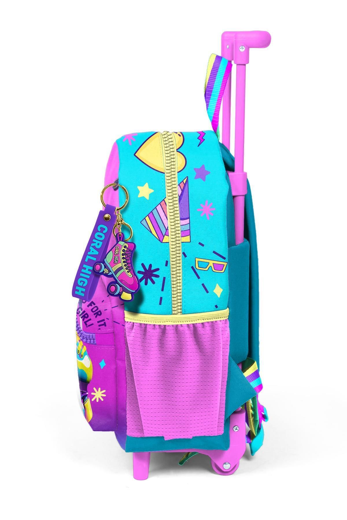 Coral High-Pink Turquoise Tiny Nest Backpack - Squeegee and Skate Pattern, Two Compartments 24054 3