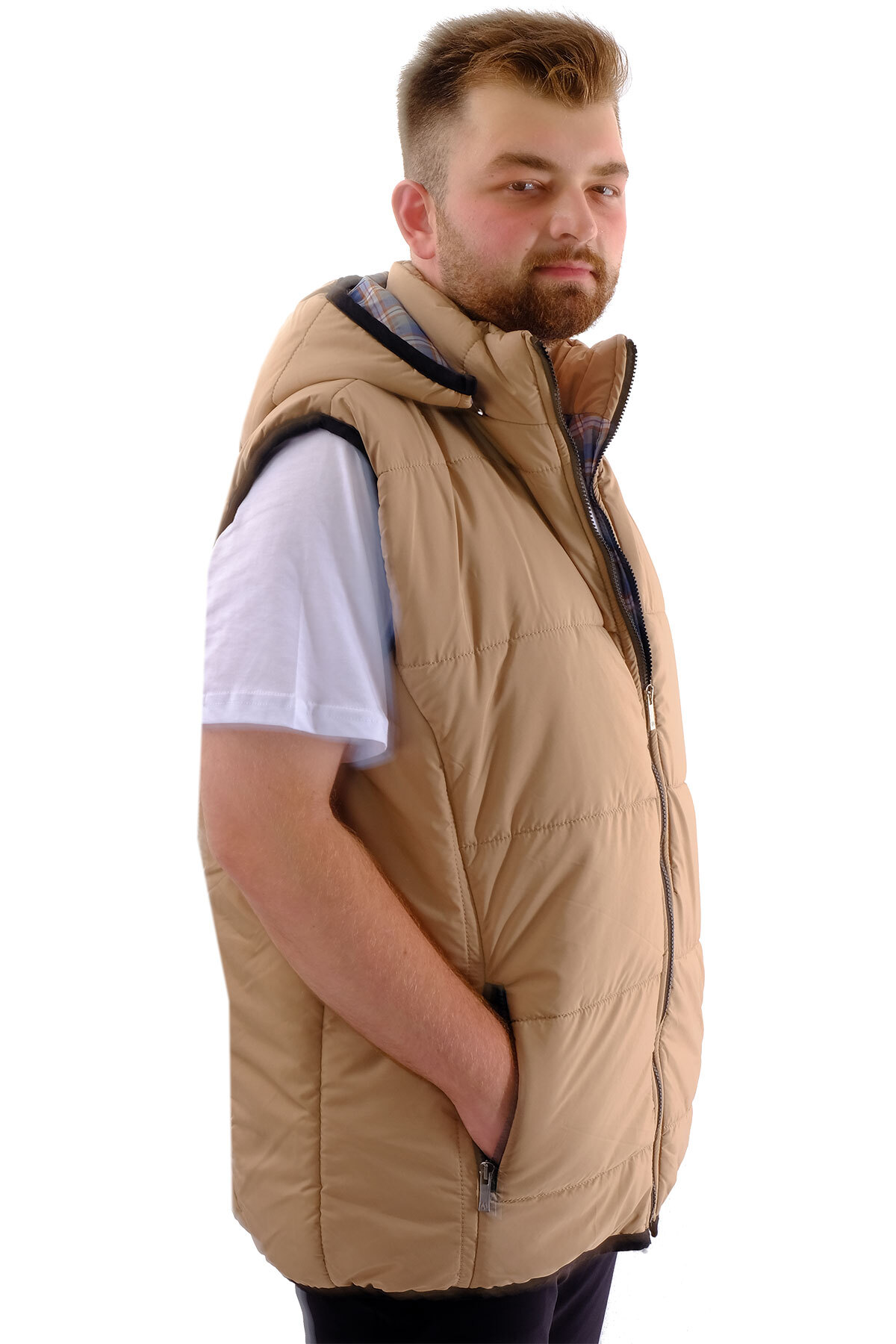 ModeXL Mode XL Büyük Beden Erkek Çıkan Kapüşonlu Kapitone Yelek U24704 Sütlü Kahve görsel 4