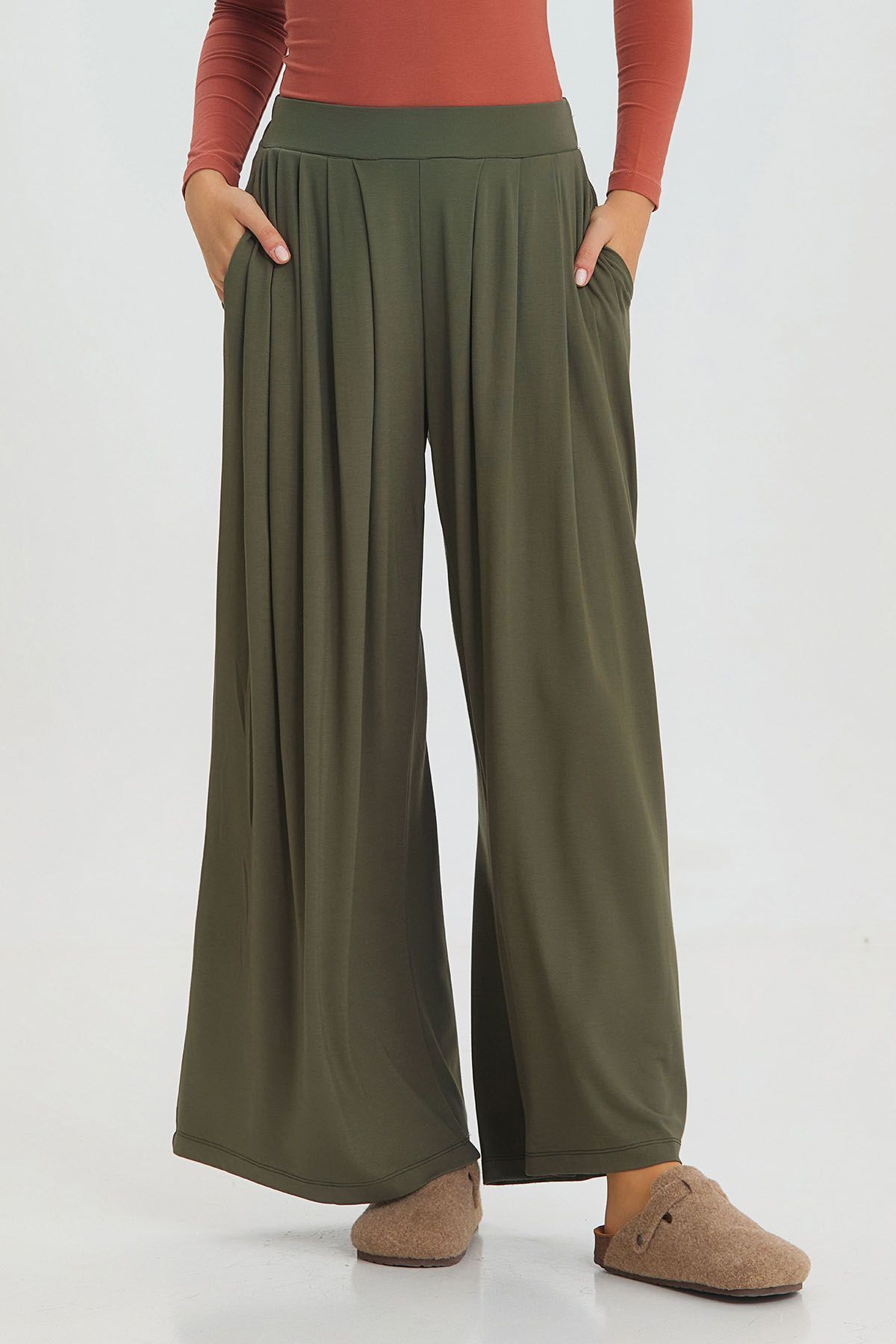 Clandestino-Khaki Wide Leg - Elastic Waist Comfortable Trousers 5