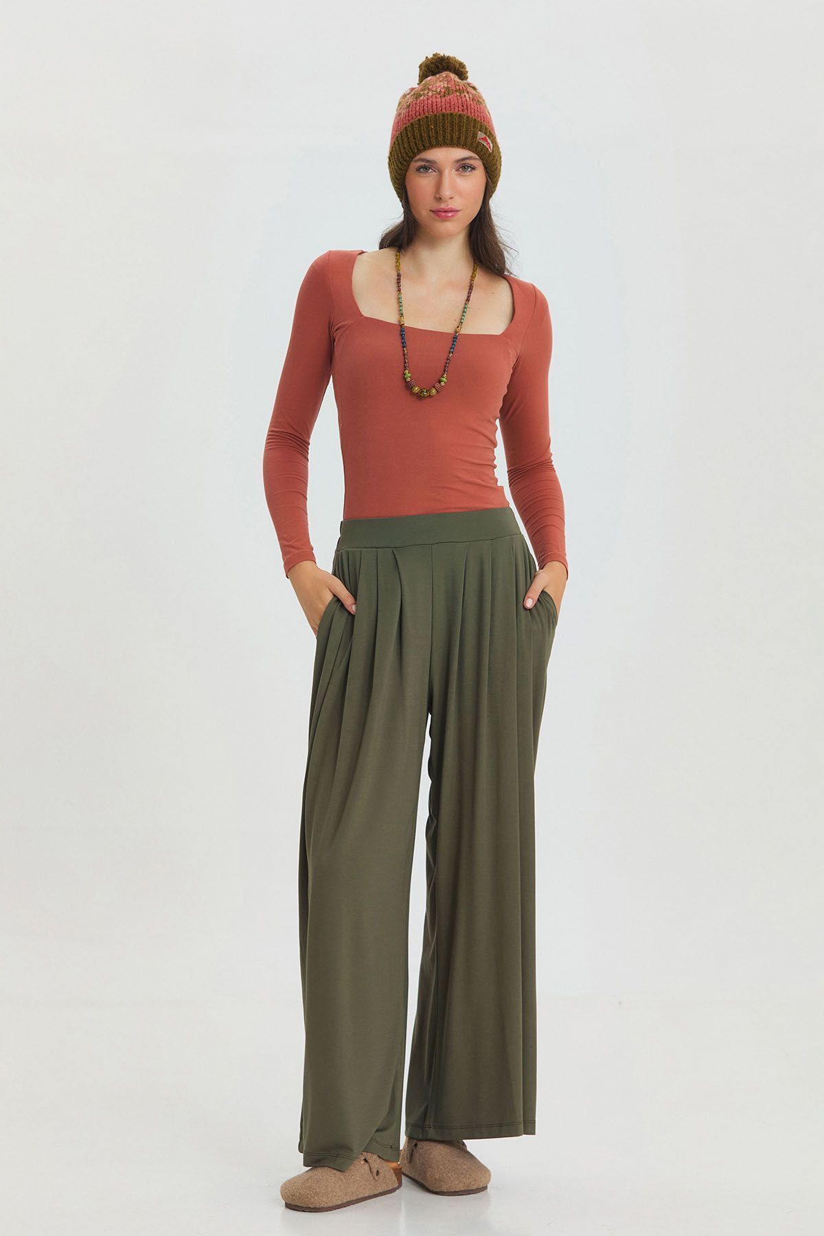 Clandestino-Khaki Wide Leg - Elastic Waist Comfortable Trousers 1