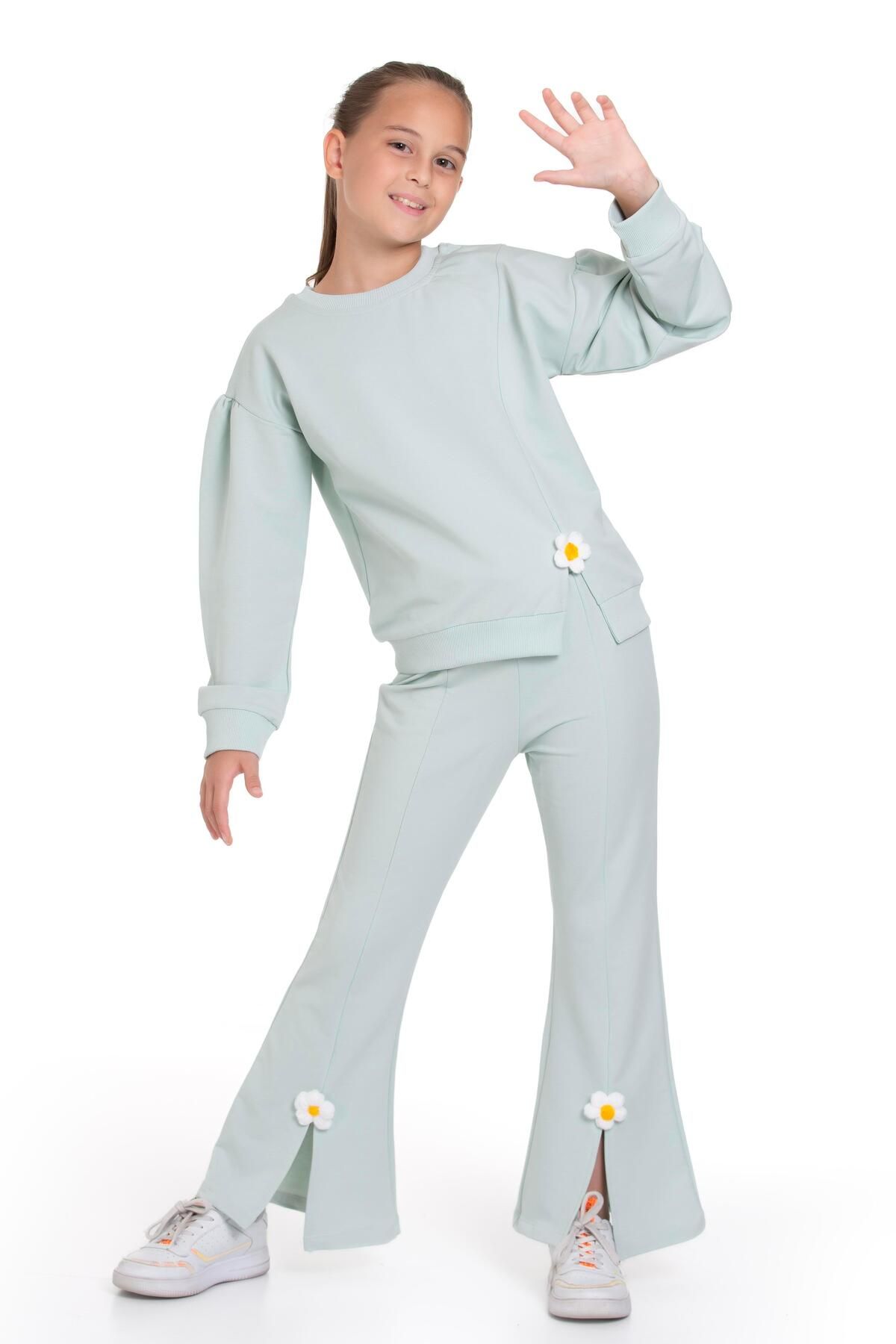 zepkids-Mint Colored Daisy Detailed Long Sleeve Crew Neck Girl's Tracksuit Set 4