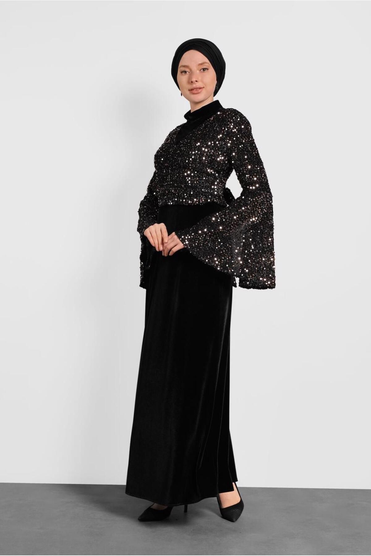 پیراهن پوشیده سیاه زنانه لباس آستین ترومپت SCALY 40291 آلوینا Alvina