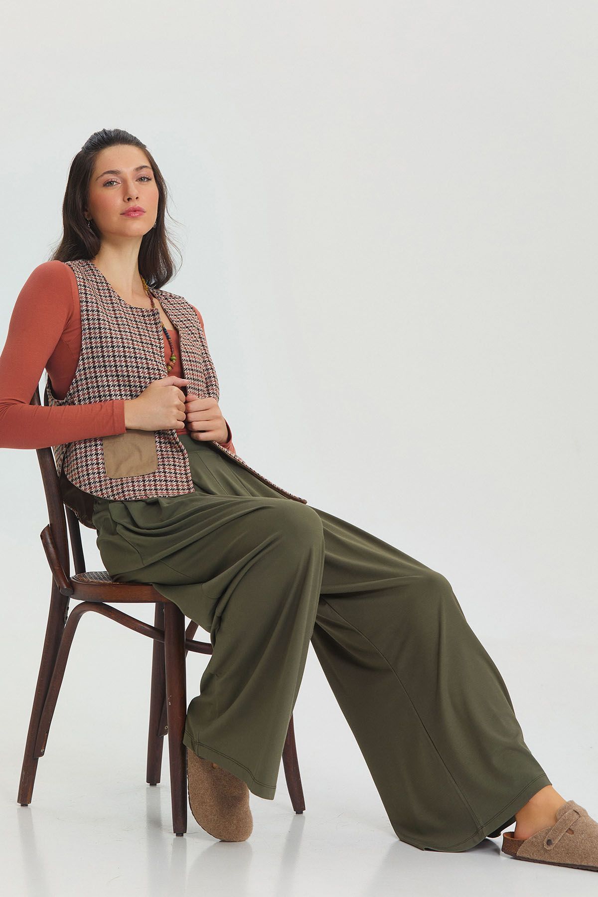 Clandestino-Khaki Wide Leg - Elastic Waist Comfortable Trousers 2