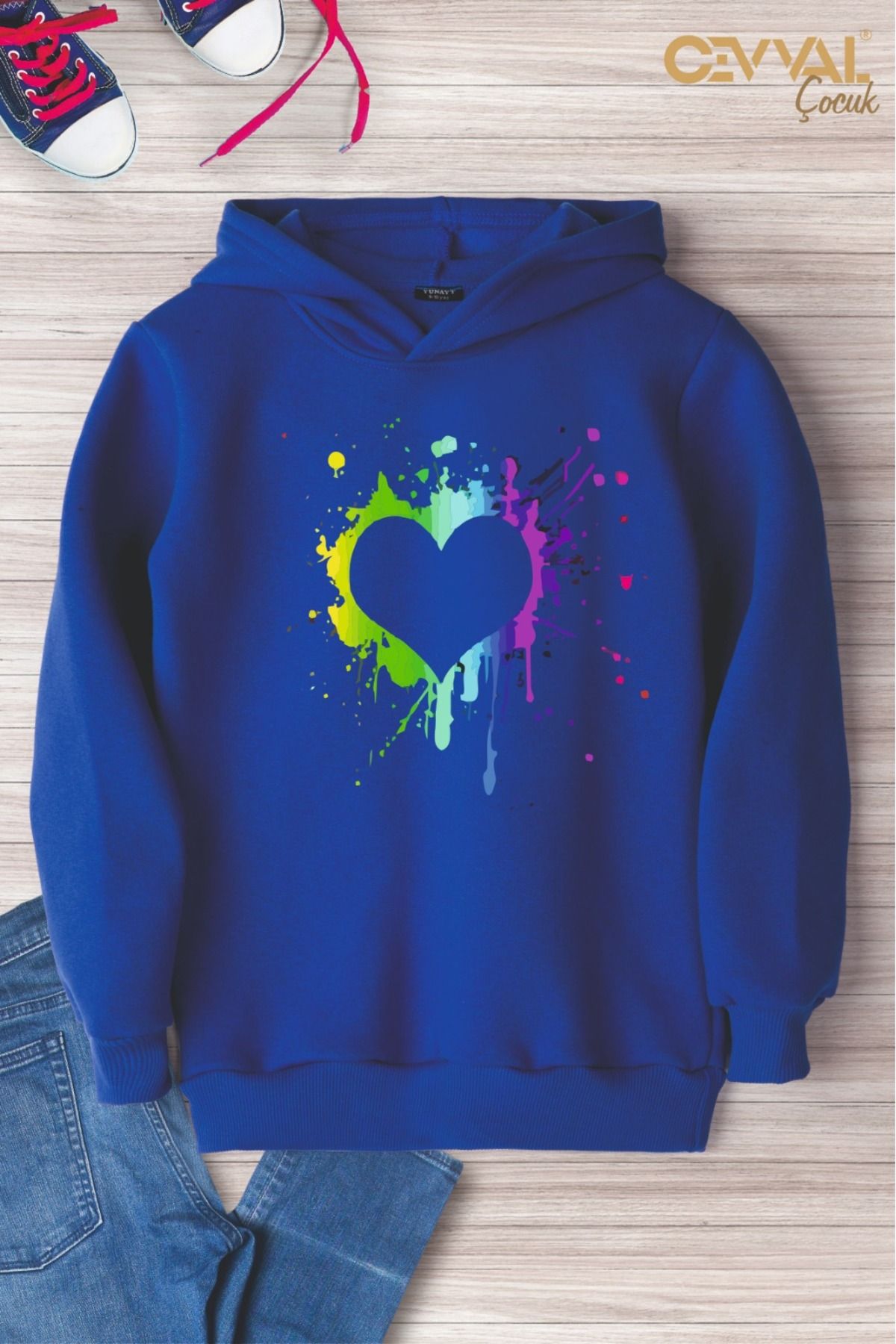 Cevval-Heart Printed Hooded Oversize Kids Sweat Shirt 1
