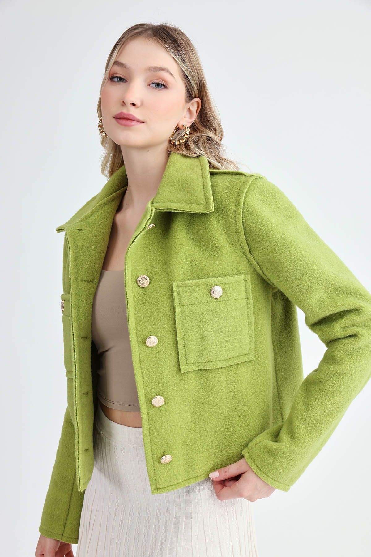 Vitrin-Gold Buttoned Reverse Stitching Felt Fabric Crop Jacket 5
