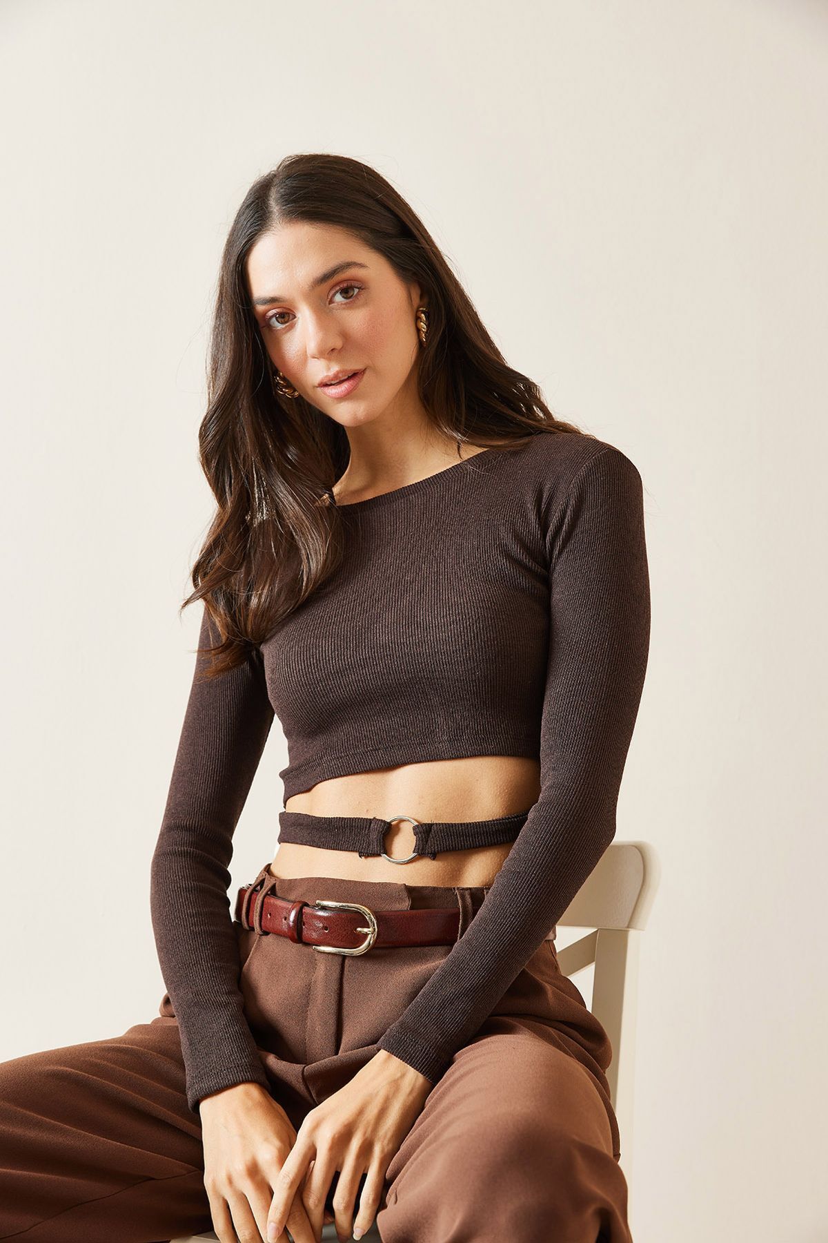 XHAN-Brown Ring Detailed Camisole Crop Blouse 5Kxk2-49014-18 3