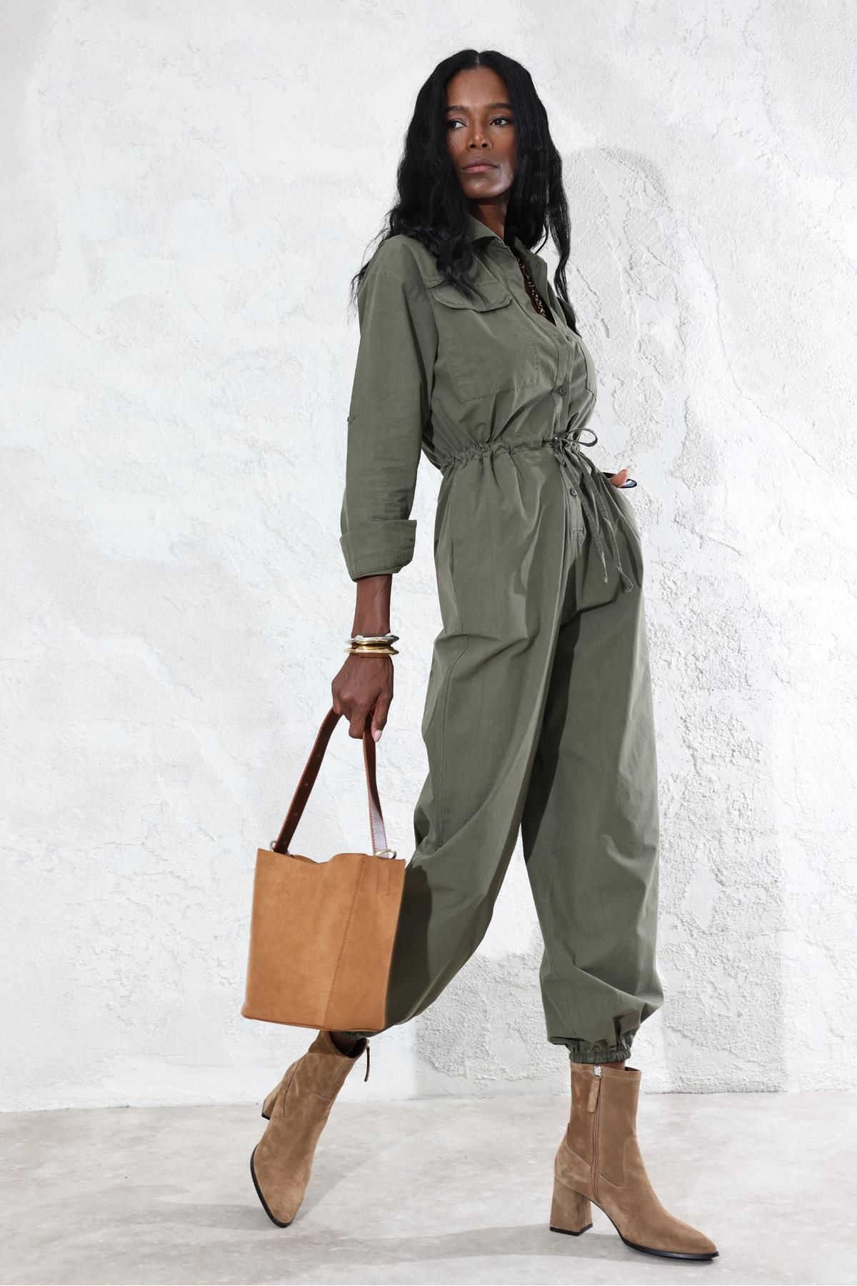 5in1Canpolat-1348 Model Khaki Jumpsuit - Drawstring Waist 1