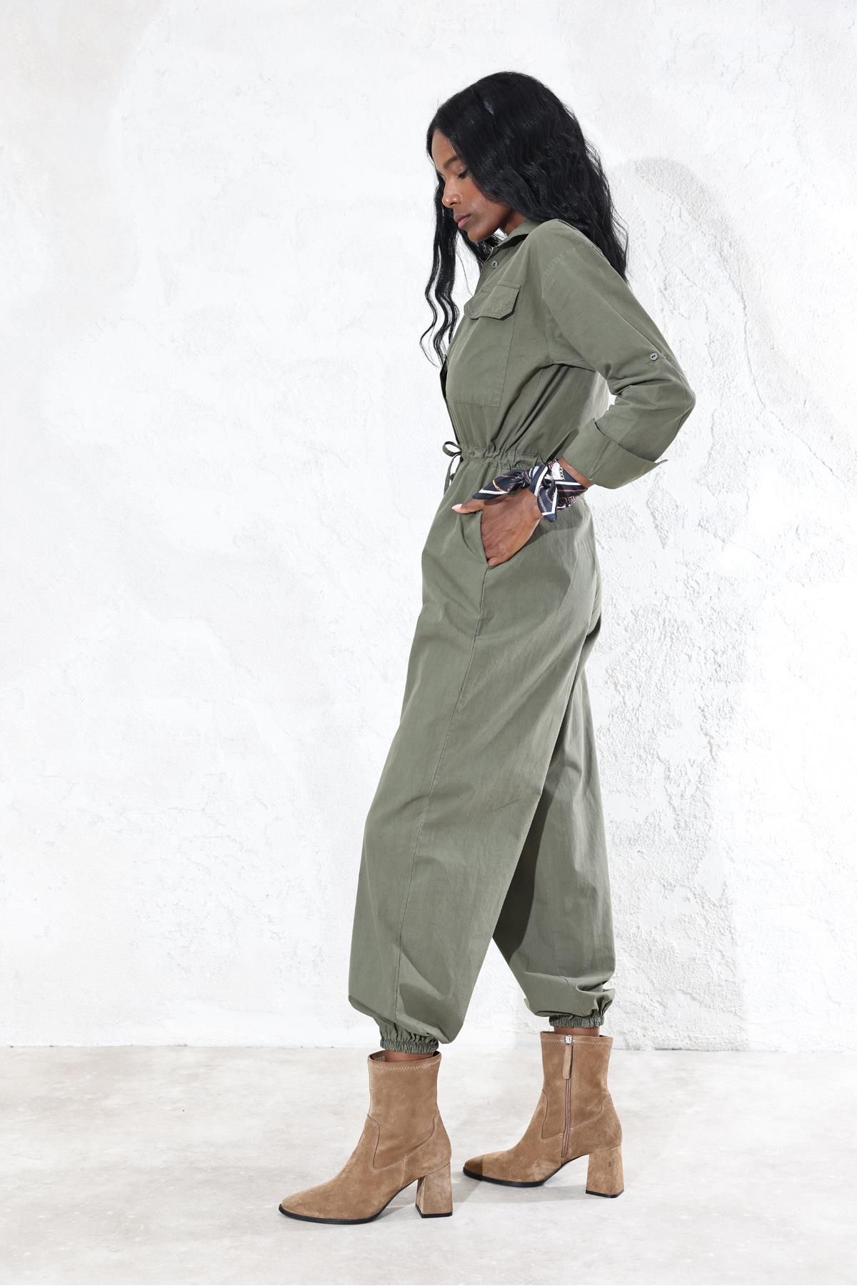 5in1Canpolat-1348 Model Khaki Jumpsuit - Drawstring Waist 5