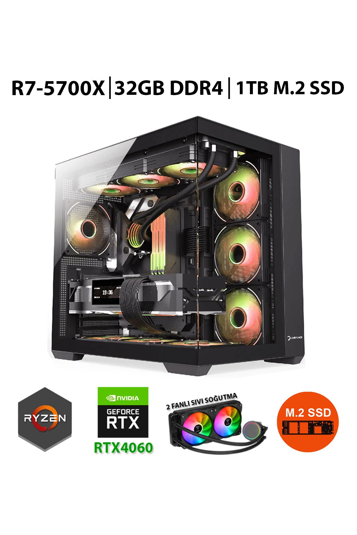 Gamepage Astor X90 Ryzen 7 5700X 32GB RAM 1TB M.2 Nvme 8GB RTX4060 Sıvı Soğutmalı Oyuncu Bilgisayarı