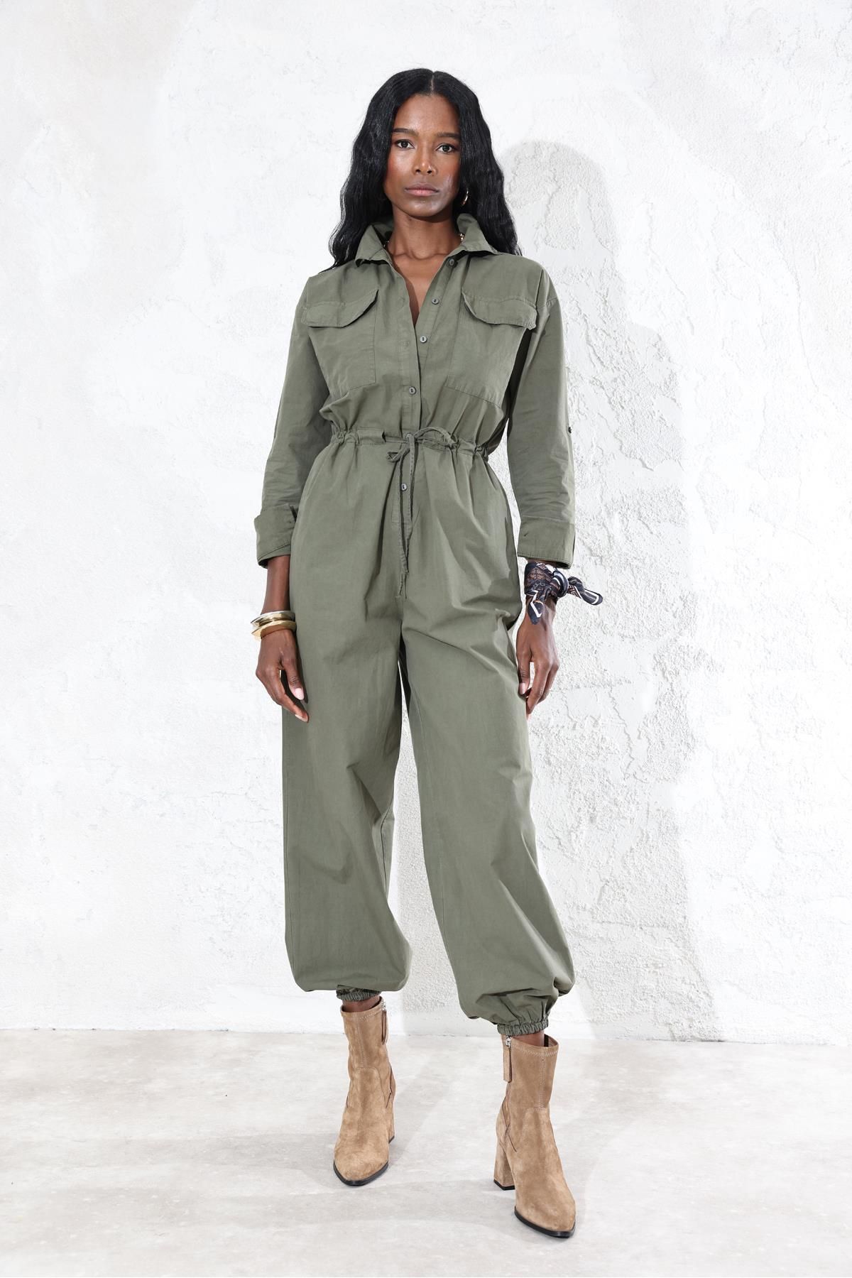 5in1Canpolat-1348 Model Khaki Jumpsuit - Drawstring Waist 4