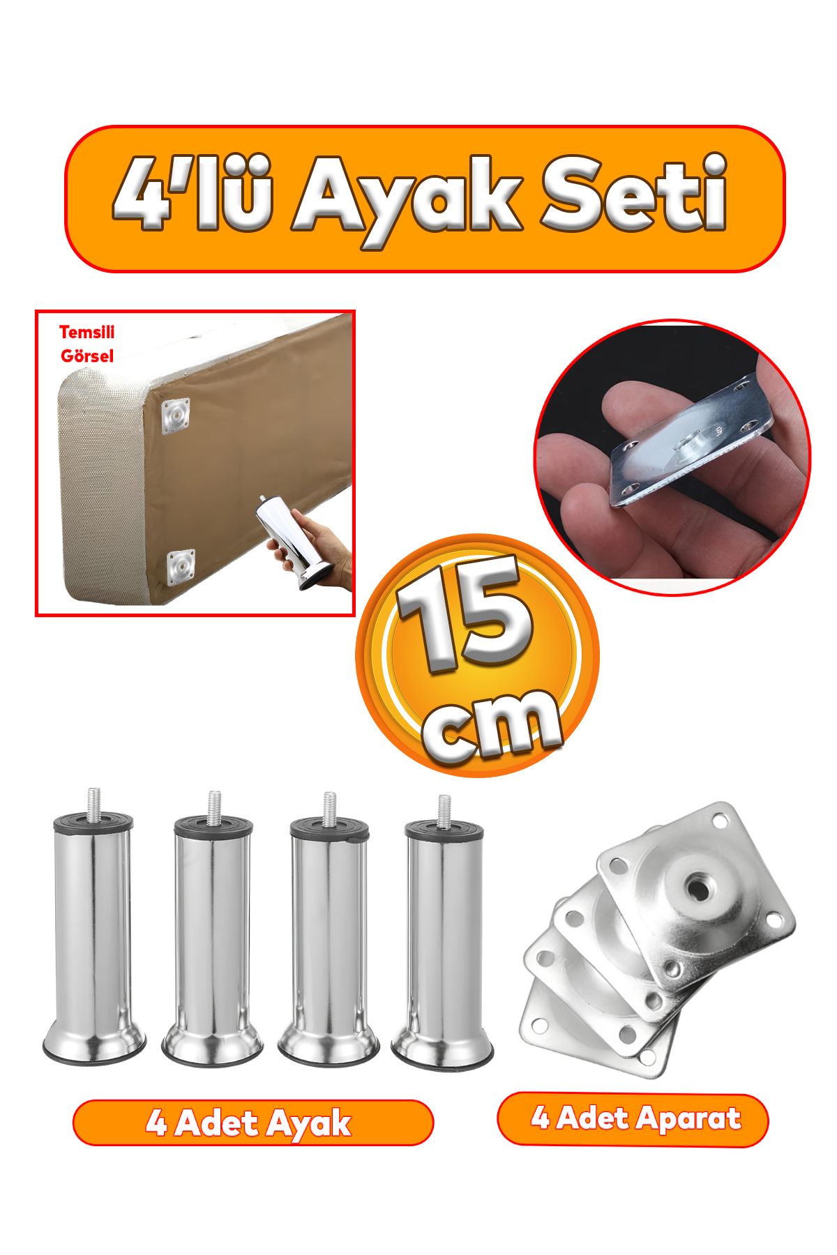 Badem10 Mobilya Kanepe Baza Koltuk Çekyat 15 Cm Krom Metal 4'lü Set Yükseltme Ayağı Ayakları M8 Aparatlı