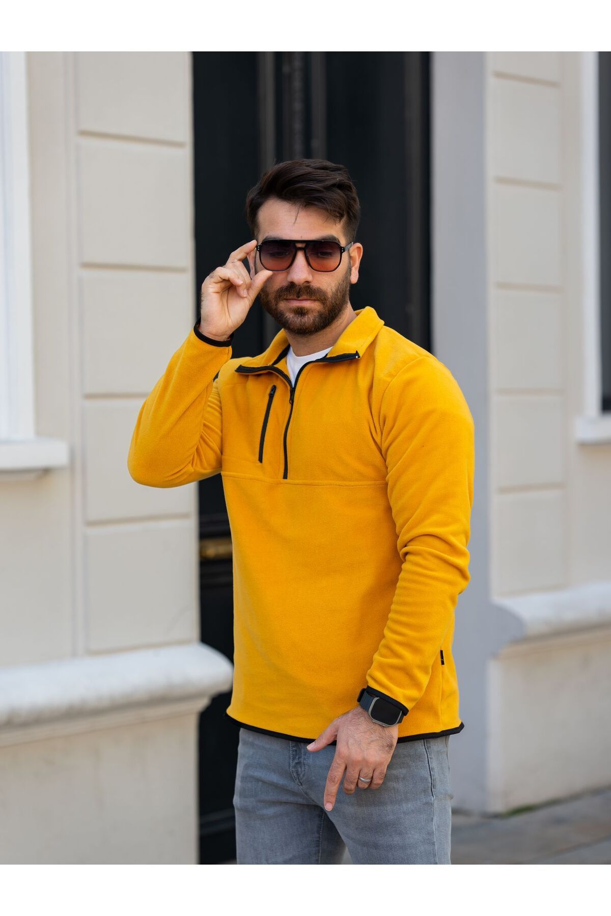 Black Sokak-Men's Half Zippered Yellow Fleece Sweatshirt with Chest Pocket Detail 2