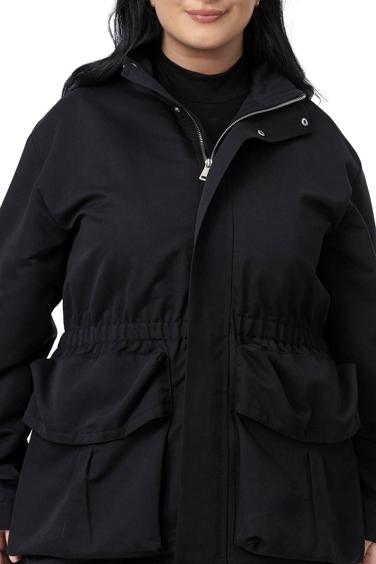 DISENTIS MODEST-Large Size Black Trench Coat with Snap Fasteners and Zipper Closure and Drawstring Waist 4