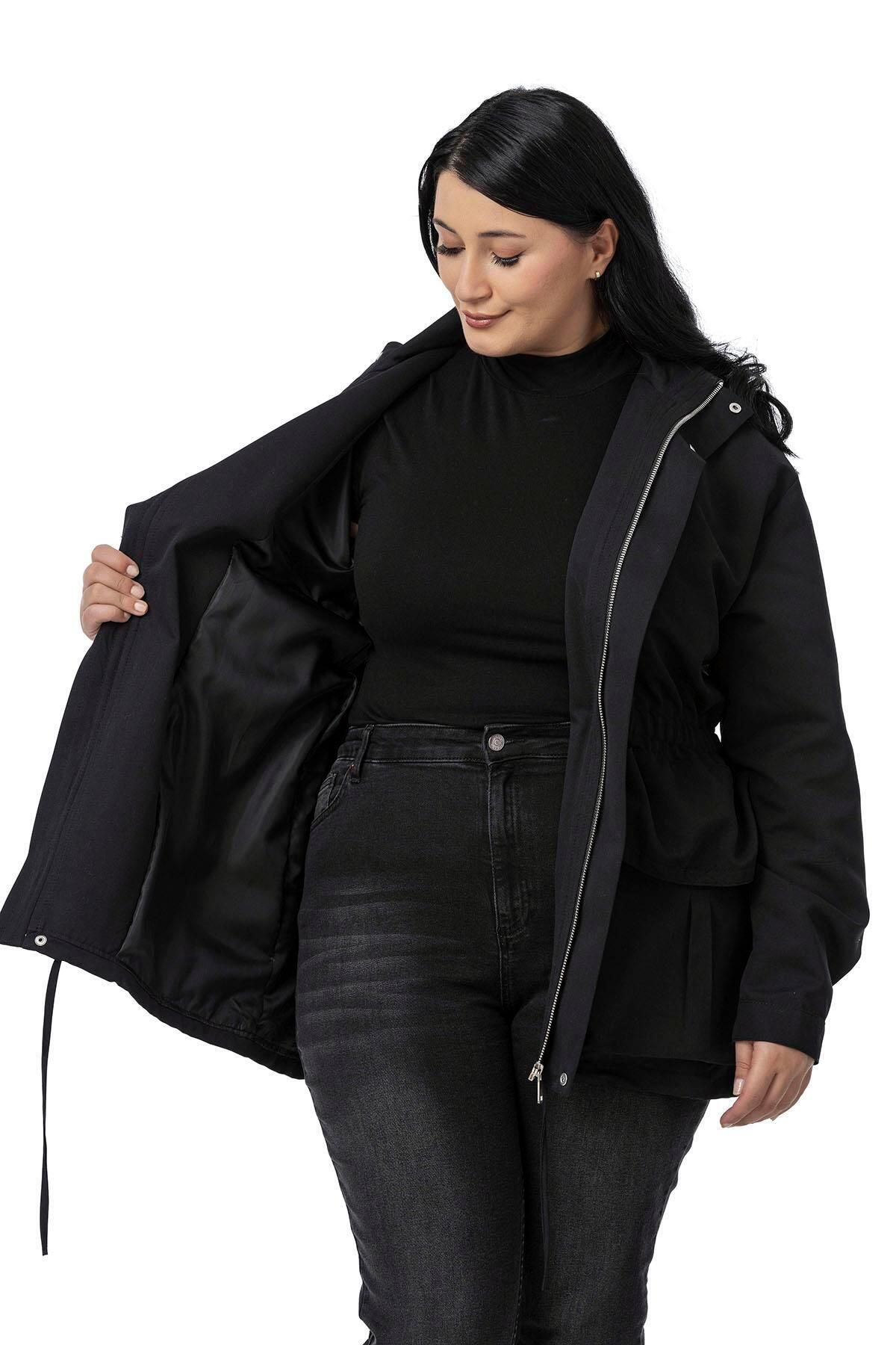 DISENTIS MODEST-Large Size Black Trench Coat with Snap Fasteners and Zipper Closure and Drawstring Waist 6