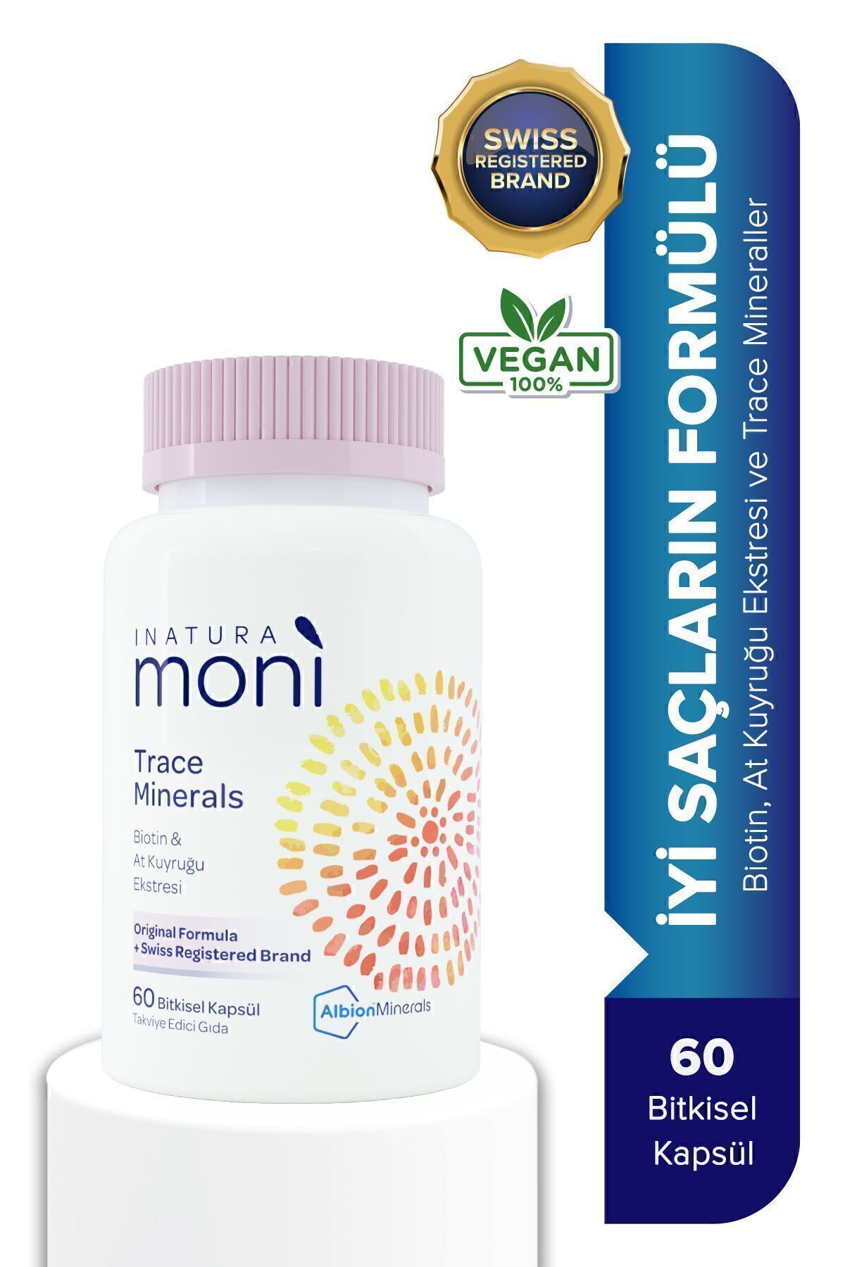 Inatura Moni Trace Minerals Biotin 5000, Krom, Çinko, Selenyum, At Kuyruğu Multivitamin 60 Vegan Kapsül