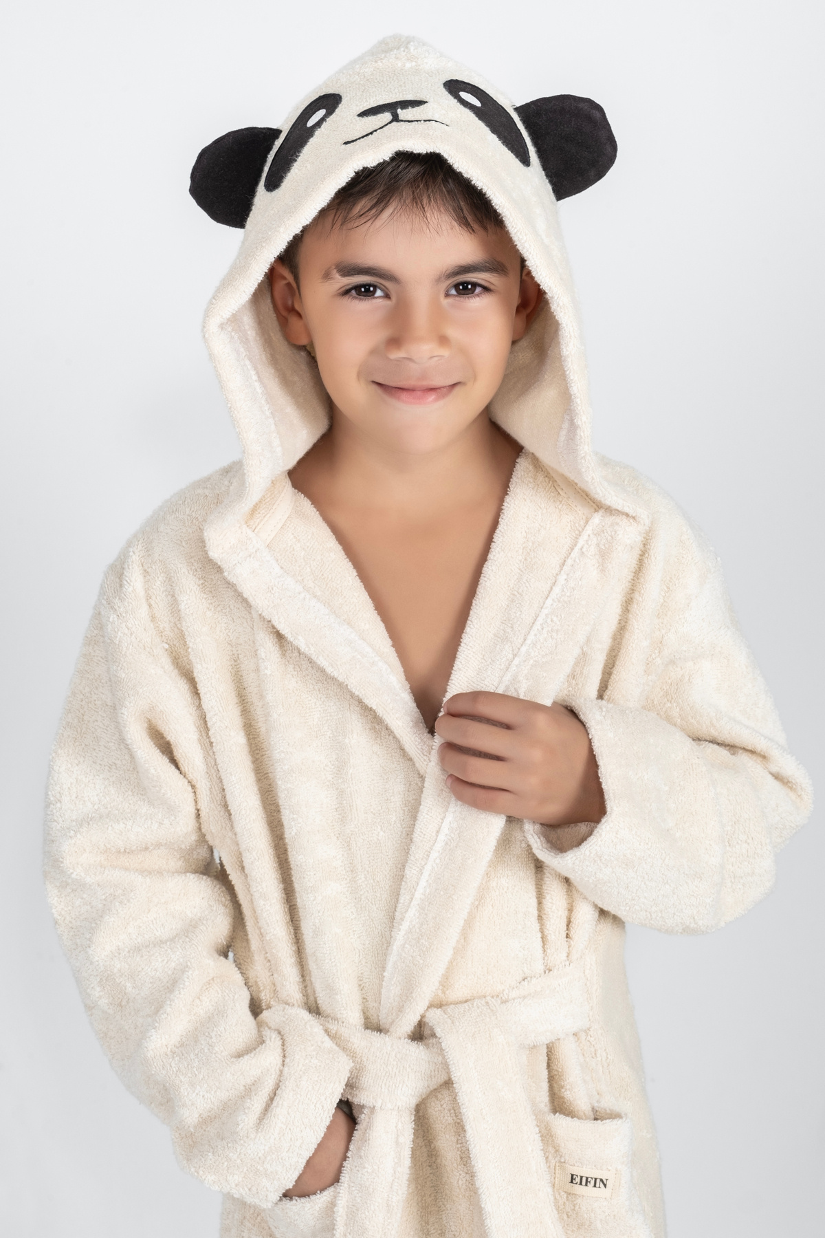 EIFIN %100 Pamuklu Kapüşonlu Panda Nakışlı Çocuk Bornozu Unisex fotoğrafı 2 (önizleme)