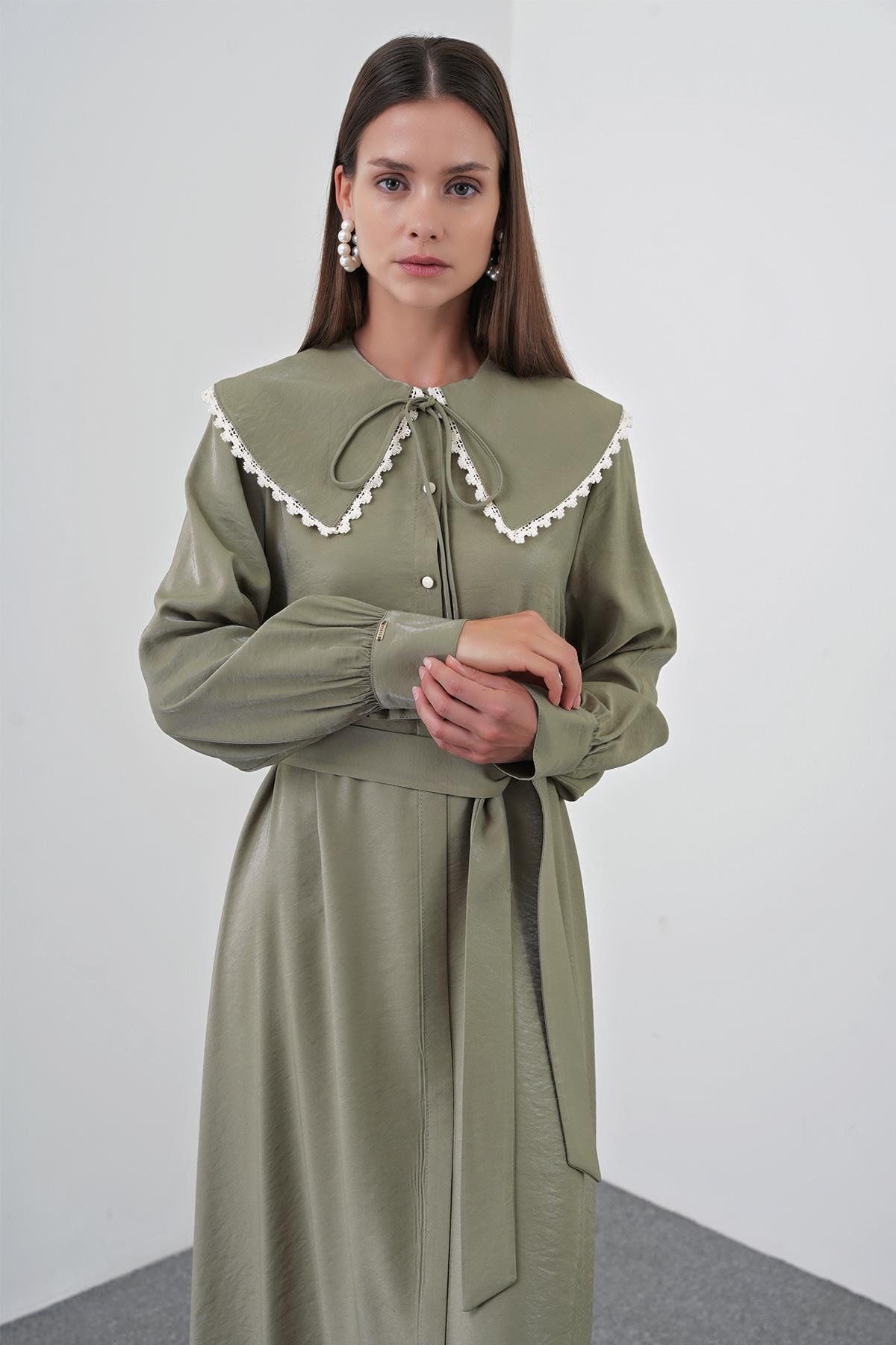 Zühre-Khaki Dress - Bow Collar and Lace Detail E-0439 3