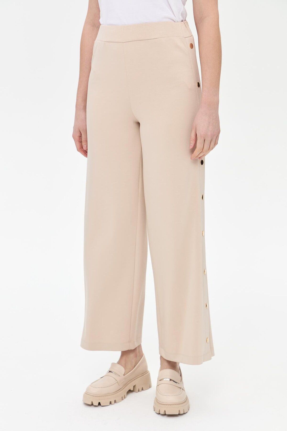 accort-Beige Modal Trousers - Side Button Detail 5