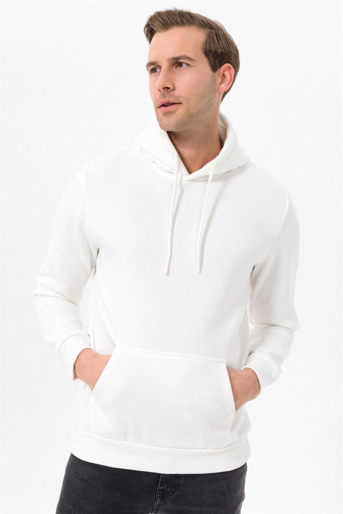 SÜVARİ-Süvari Hooded Collar Regular Fit Plain White Sweatshirt 1