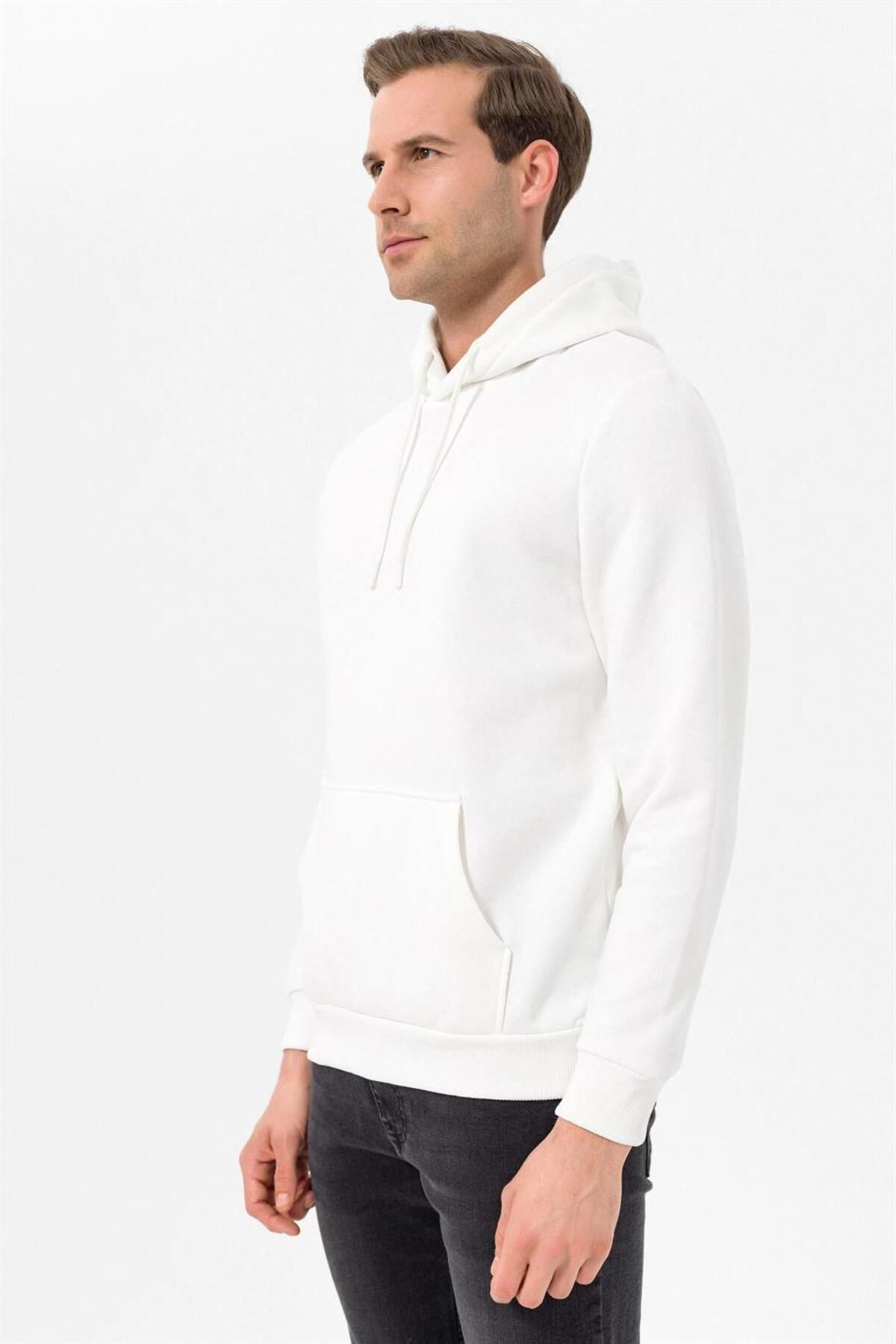 SÜVARİ-Süvari Hooded Collar Regular Fit Plain White Sweatshirt 5