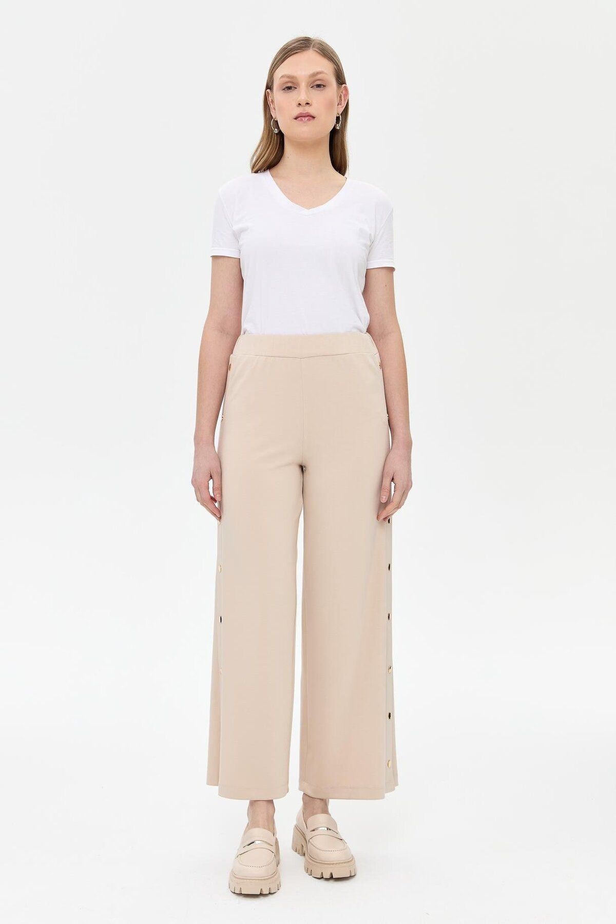 accort-Beige Modal Trousers - Side Button Detail 2