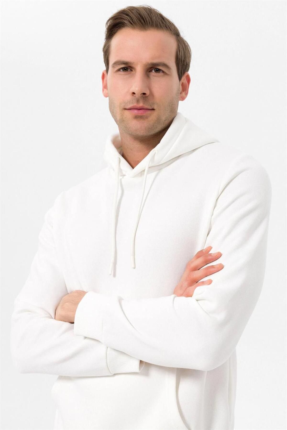 SÜVARİ-Süvari Hooded Collar Regular Fit Plain White Sweatshirt 3