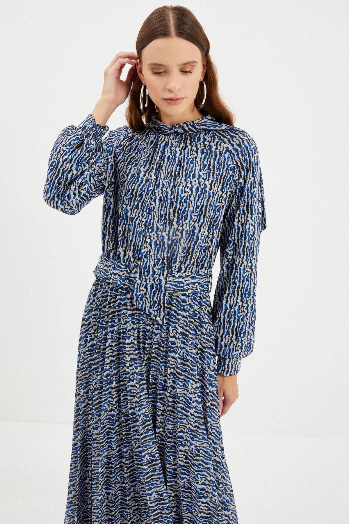 Zühre-Ribbon Collar Belt Detailed Long Navy Blue Dress E-0331 5