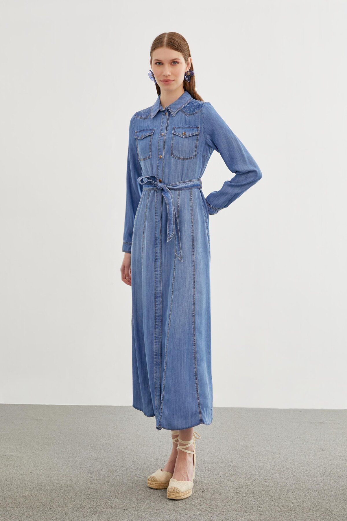 Zühre-Rochie albastră cu guler cămașă din denim cu paiete - E-0382 3