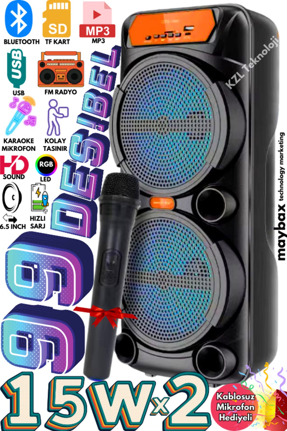 LEERFEI Taşınabilir Bluetooh FM USB TF Kart Destekli RGB Led Işıklı Kablosuz Mikrofonlu Parti Hoparlörü
