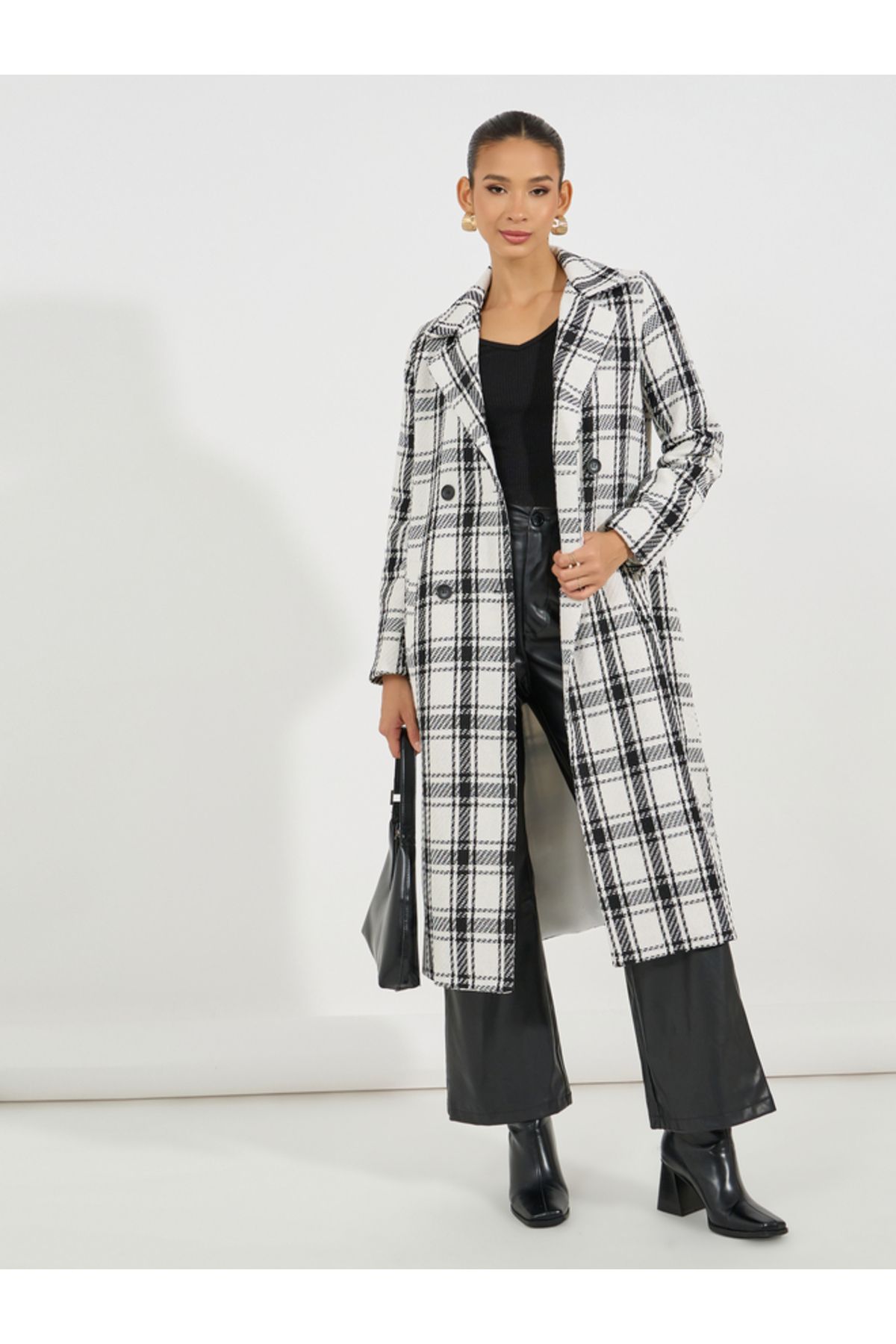 Styli-Regular Fit Midi Double Breasted Tweed Coat 2