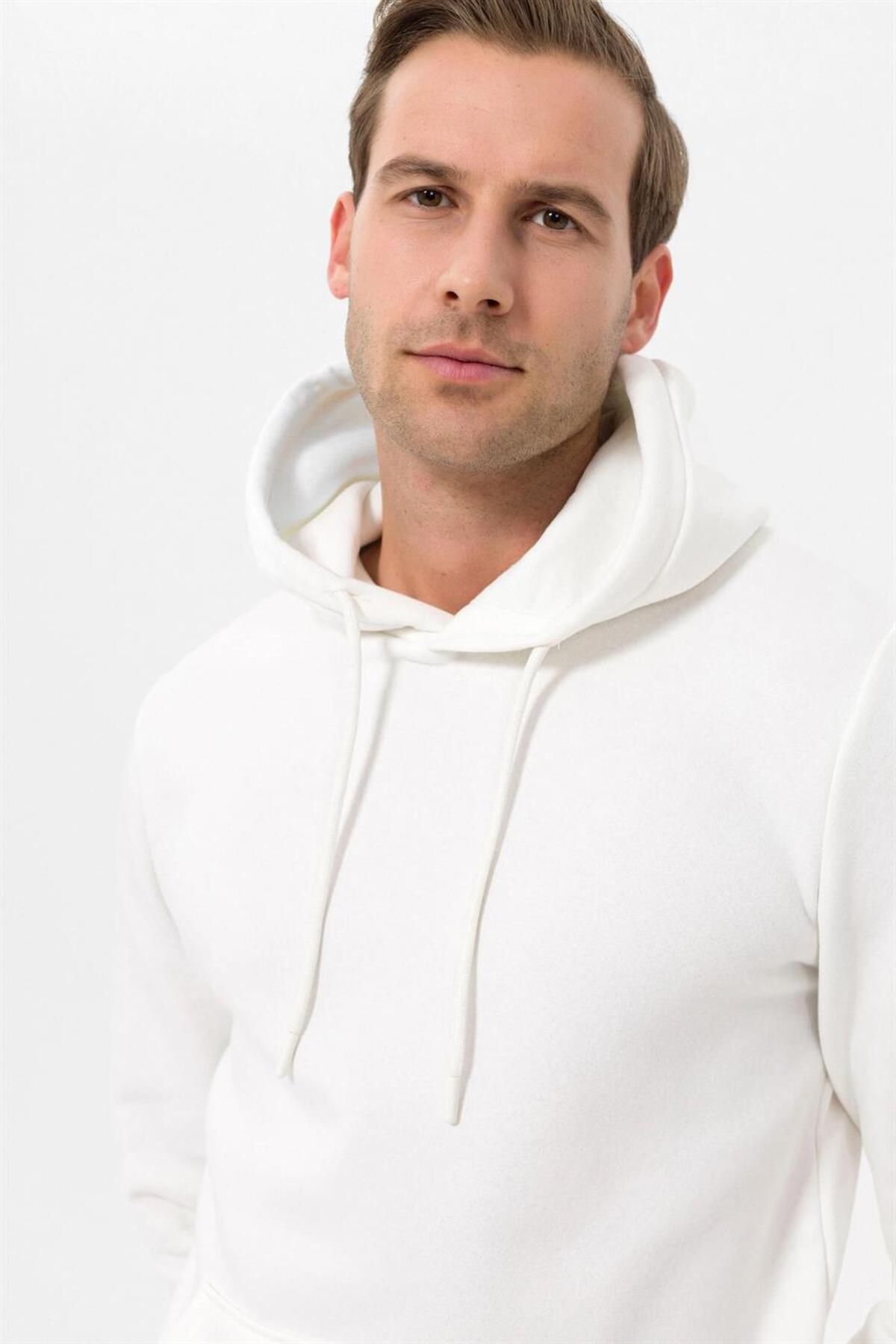 SÜVARİ-Süvari Hooded Collar Regular Fit Plain White Sweatshirt 4