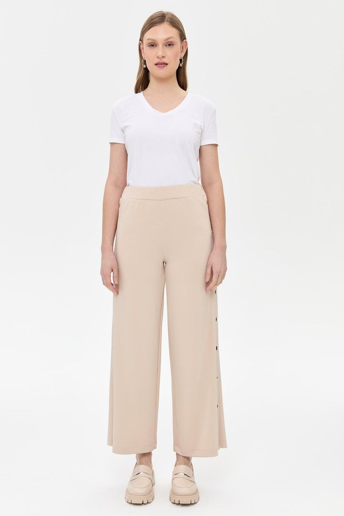 accort-Beige Modal Trousers - Side Button Detail 1