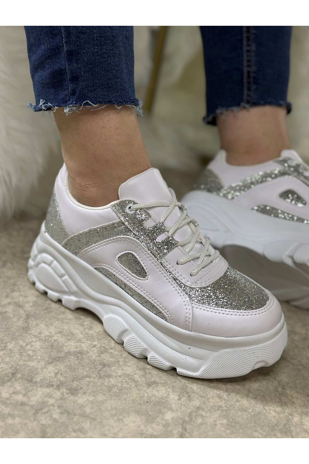 Nstil-Pantofi sport de zi cu zi pentru femei, albi, cu sclipici, cu talpă înaltă, cu șireturi, pantofi comozi, ușori 001 5