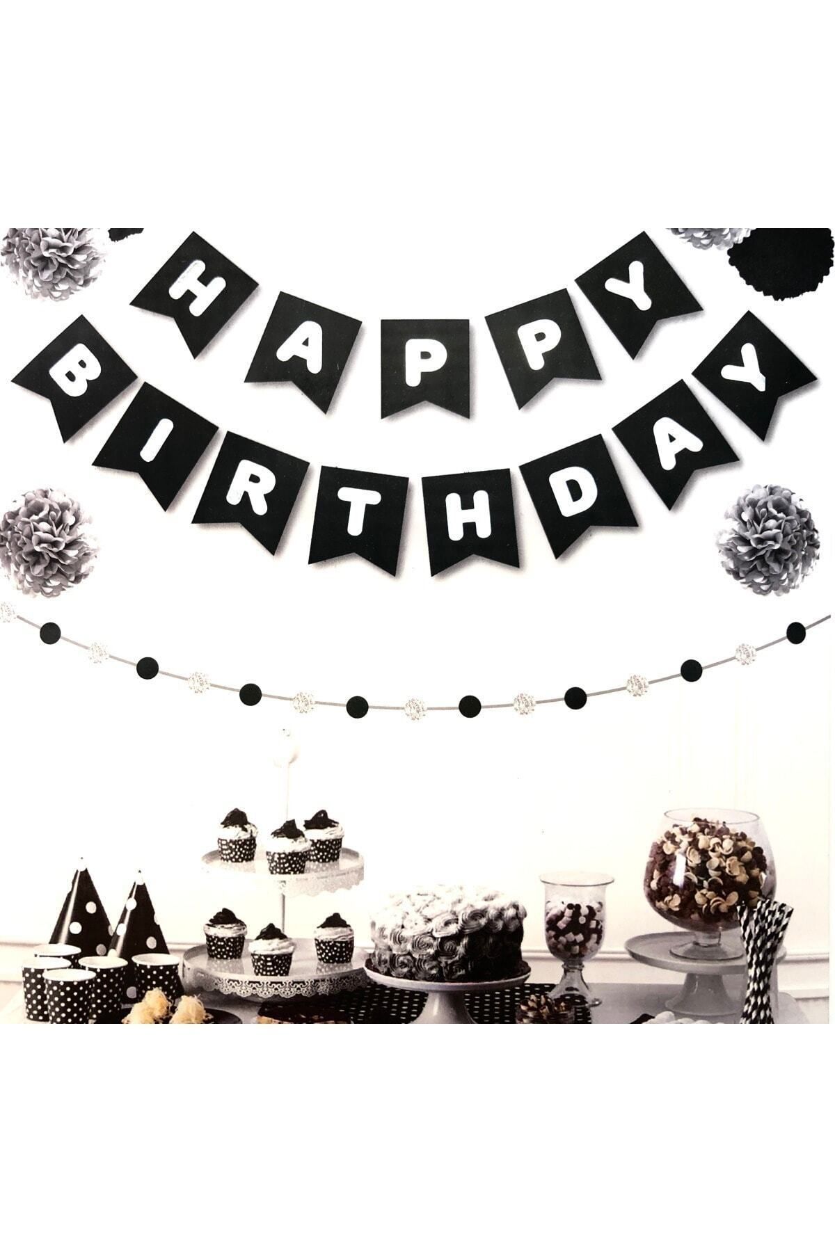 PLAN party STORE Siyah Üstüne Gümüş Gri Yaldızlı Happy Birthday Yazılı Doğum Günü Partisi Karton Ipli Yazı Banner